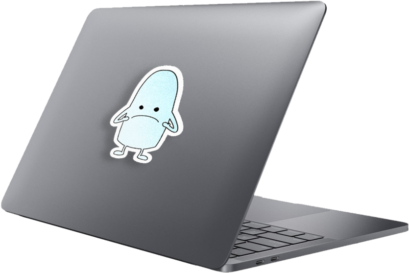 MacBook 動態圖片 桌布 壁紙 — 一台銀色筆記型電腦，上蓋貼有可愛的淺藍色卡通角色貼紙。