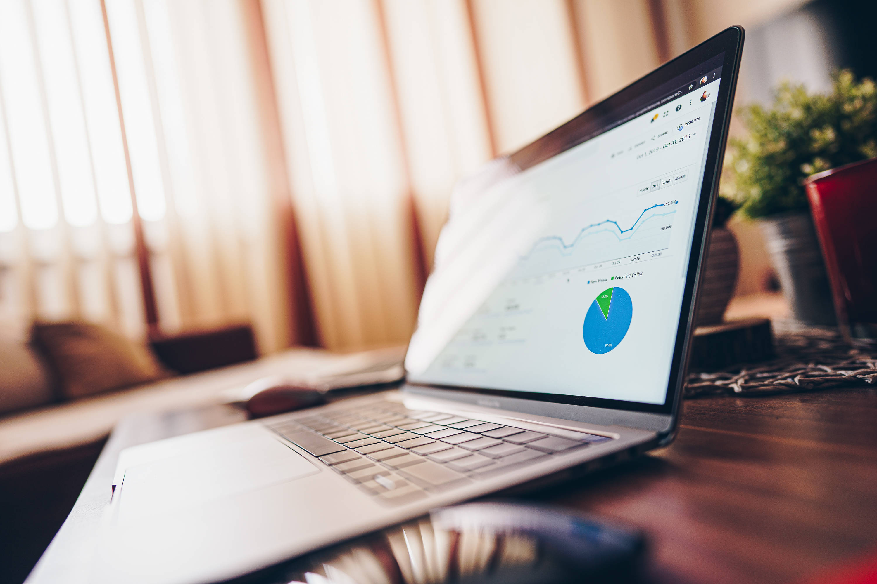 Laptop Desktop 桌布 壁紙 — 一台銀色筆記型電腦在溫暖燈光的家庭辦公室中，於木桌上盆栽植物和咖啡杯旁顯示財務圖表。