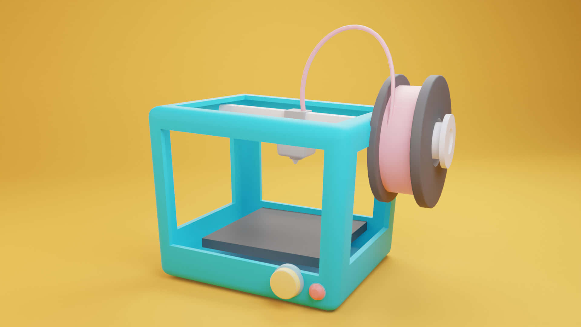 3d Printer 桌布 壁紙 — 一台青綠色的3D列印機配備粉紅色線材捲軸，立在純黃色背景前。