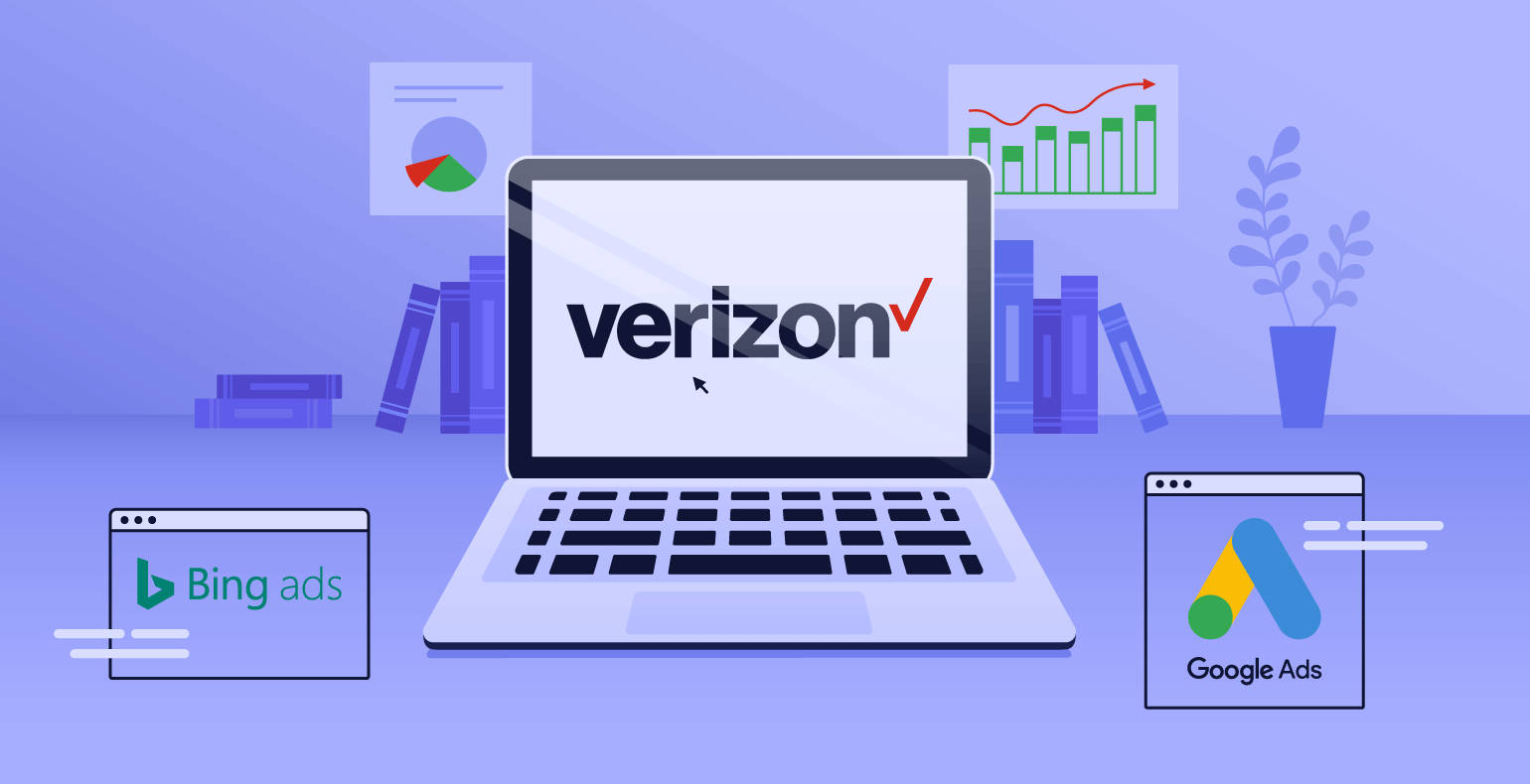 Verizon 桌布 壁紙 — 一台顯示Verizon標誌的筆記型電腦放置在簡約的紫色工作空間中，周圍環繞著數位廣告圖示和圖表。