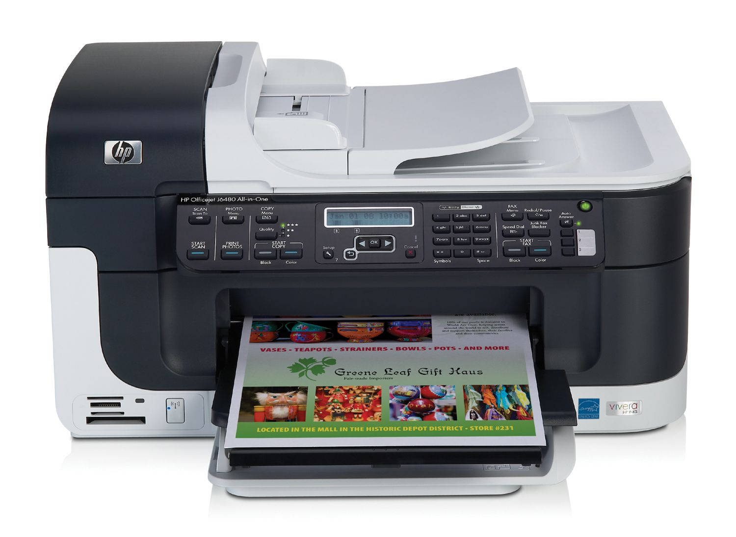 paper 桌布 壁紙 — 一台黑白HP OfficeJet 4640印表機在乾淨的白色背景上列印出色彩繽紛的禮品店傳單。