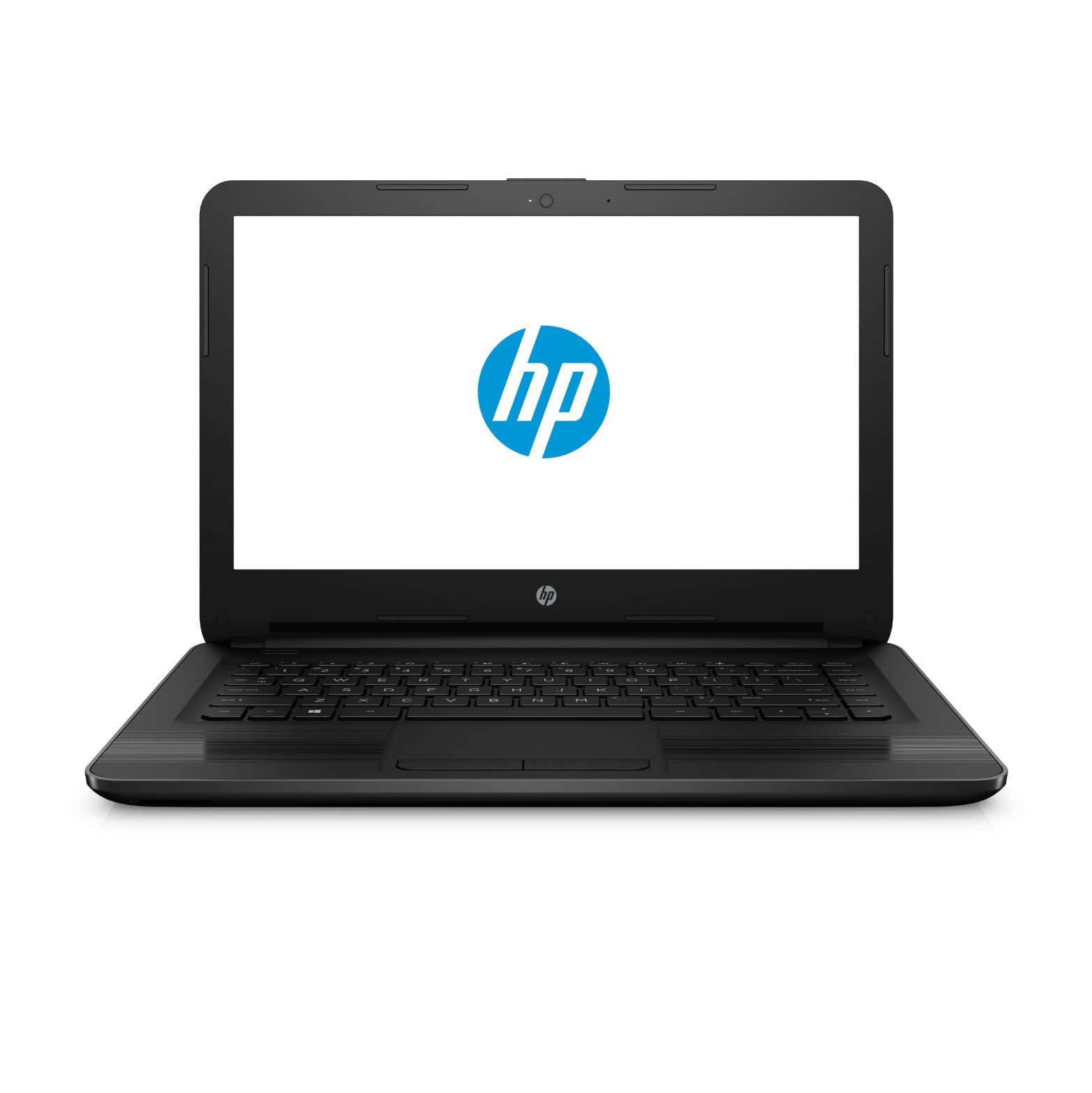 HP 桌布 壁紙 — 一台黑色HP筆記型電腦打開在白色背景上，螢幕上顯示藍色HP標誌。