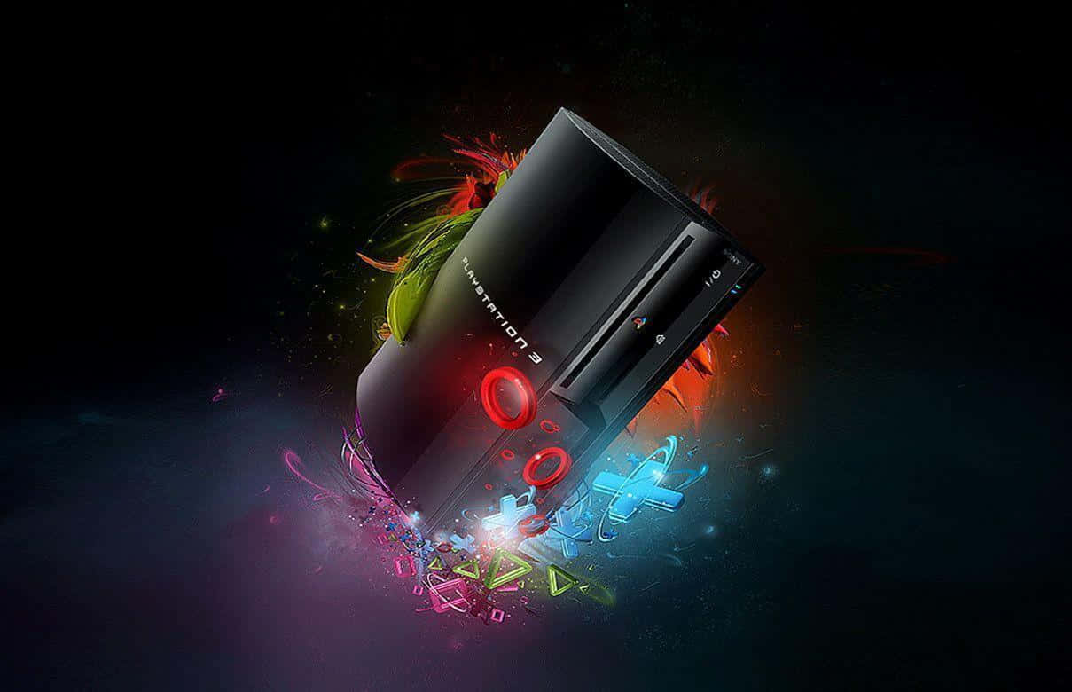 PlayStation 桌布 壁紙 — 一台黑色PlayStation 3主機漂浮在深色背景上，周圍環繞著充滿活力的彩色抽象能量爆發和發光粒子。
