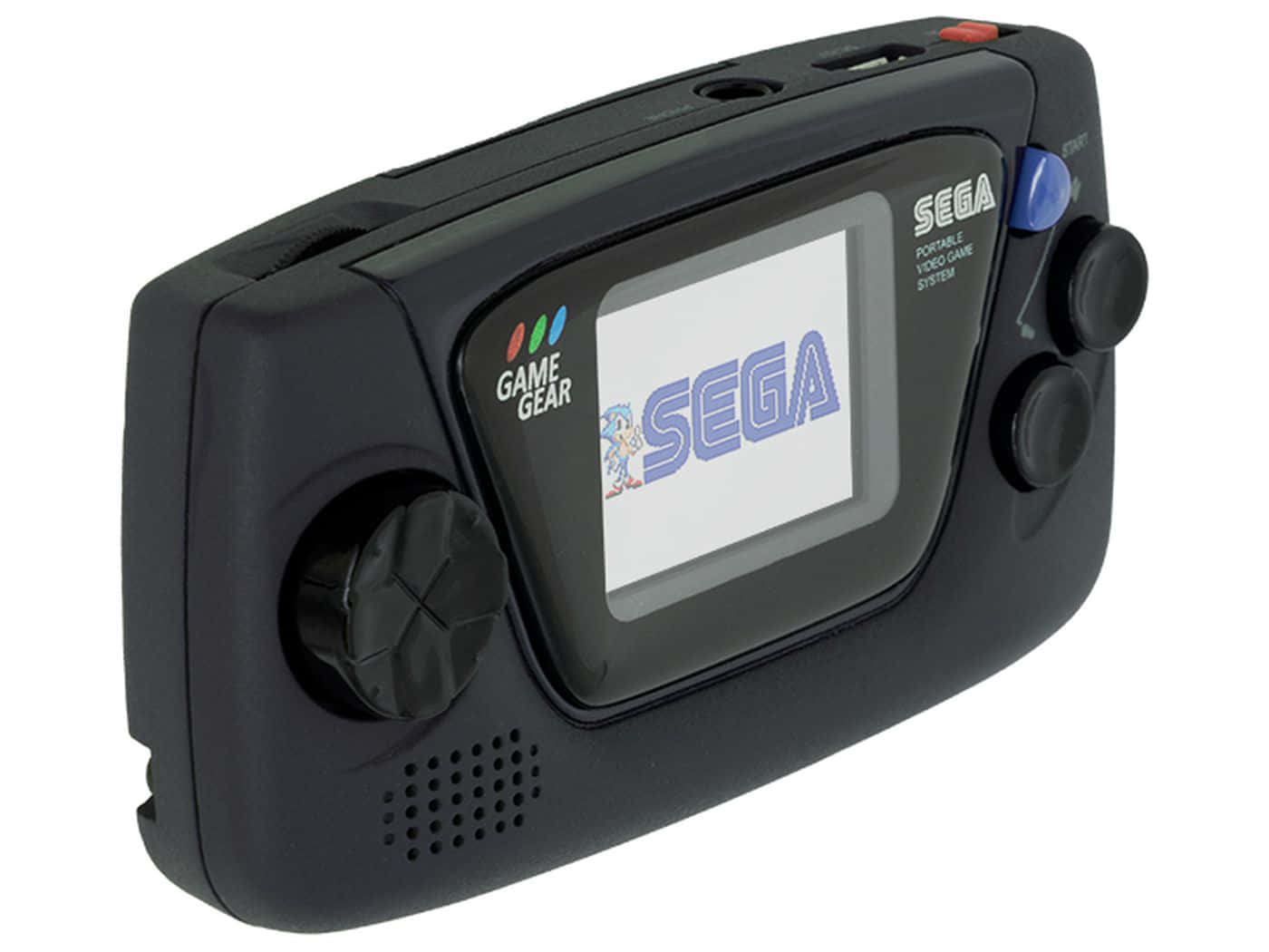 game 桌布 壁紙 — 一台黑色Sega Game Gear掌上遊戲機，螢幕顯示Sega標誌和音速小子。