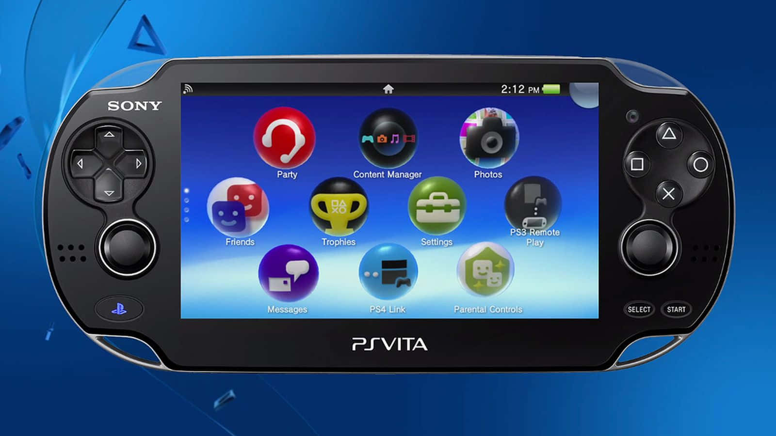 PlayStation 桌布 壁紙 — 一台黑色Sony PS Vita掌上遊戲機在藍色漸層背景上顯示主畫面，帶有彩色應用程式圖示。