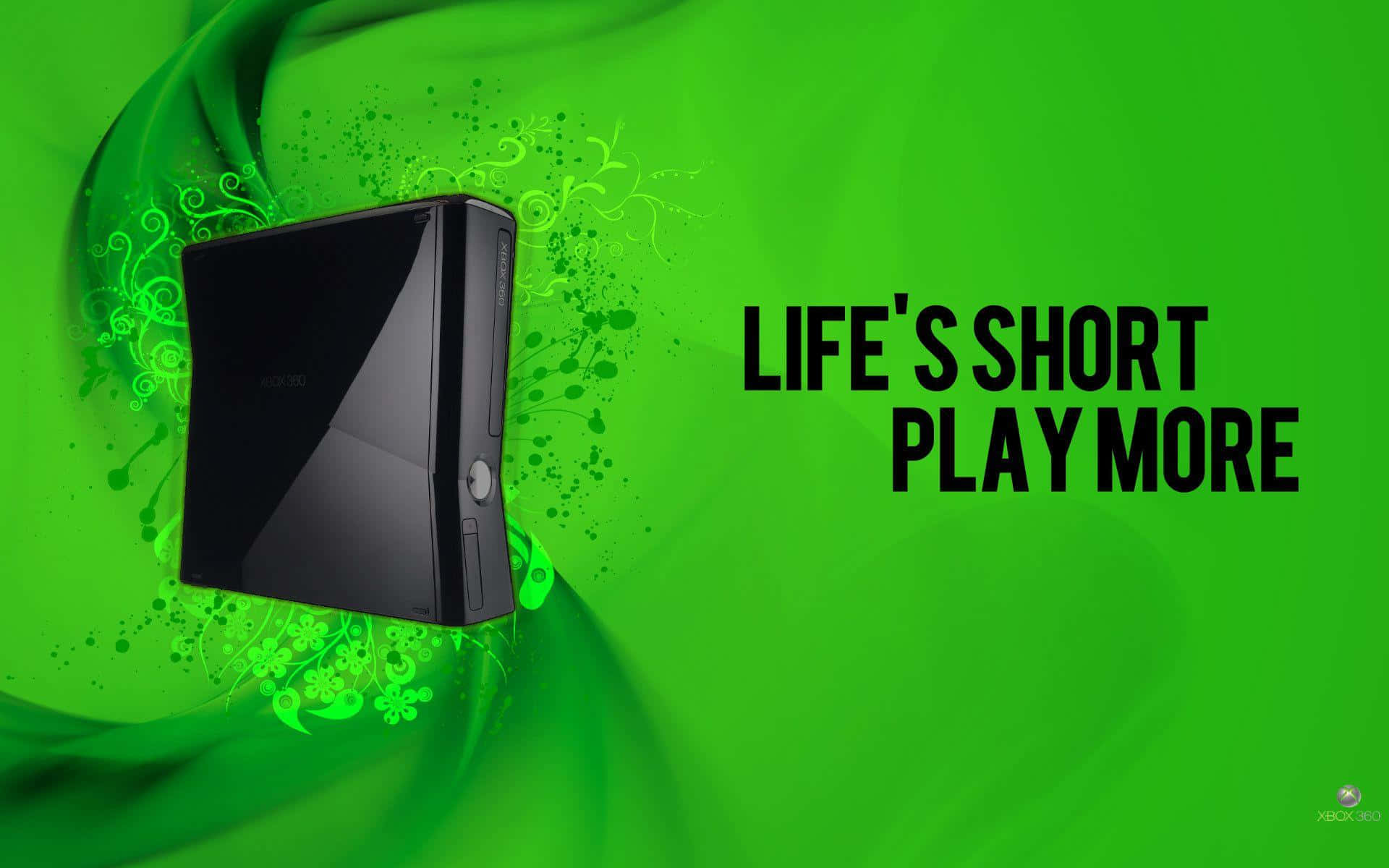 桌布 壁紙 — 一台黑色Xbox 360主機漂浮在充滿花卉圖案和粗體文字life's short play more的鮮綠色漩渦背景上。