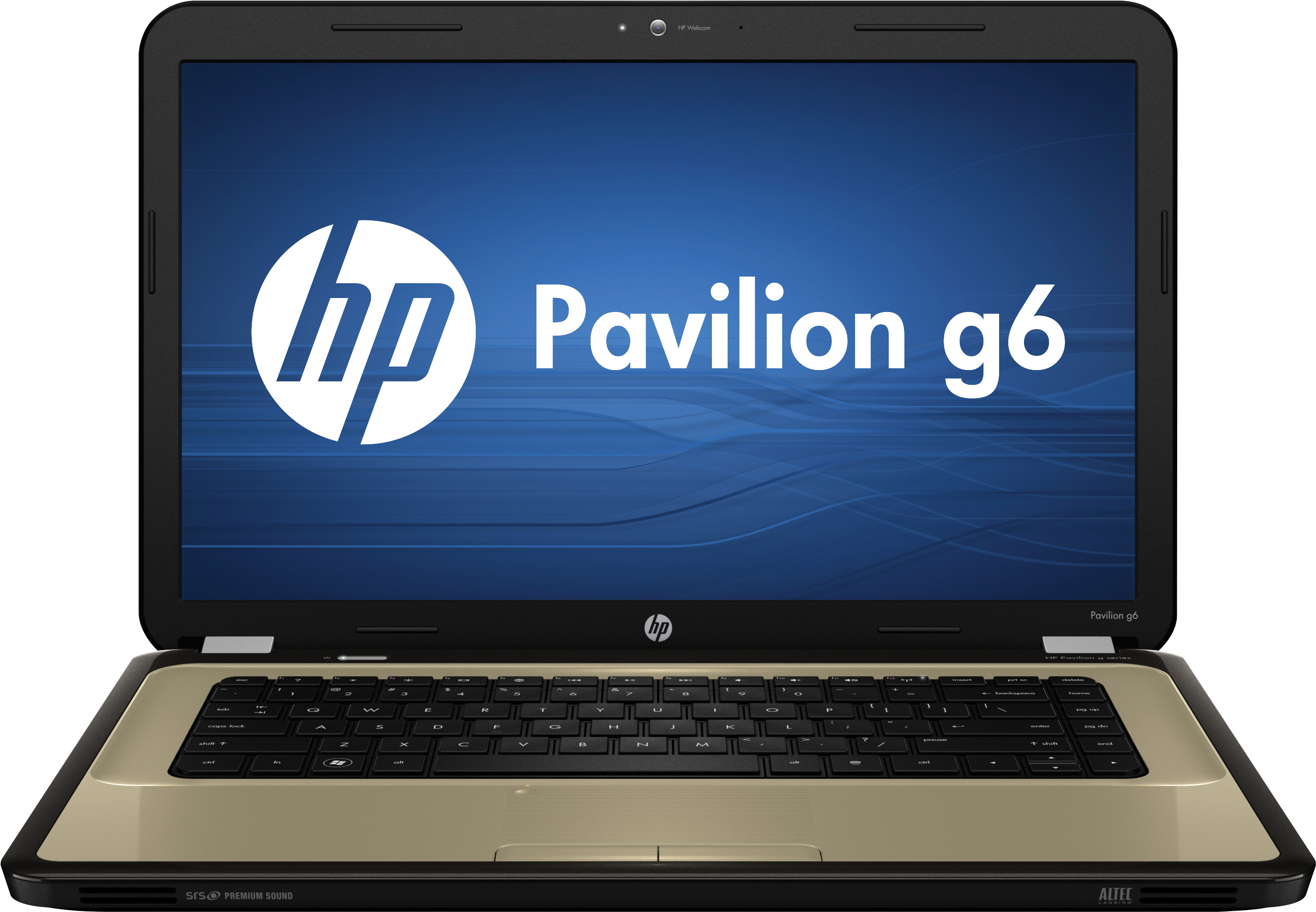 Hp Logo 桌布 壁紙 — 一台黑色和米色的HP Pavilion g6筆記型電腦在深色背景上打開，顯示帶有藍色波浪圖案的啟動畫面。