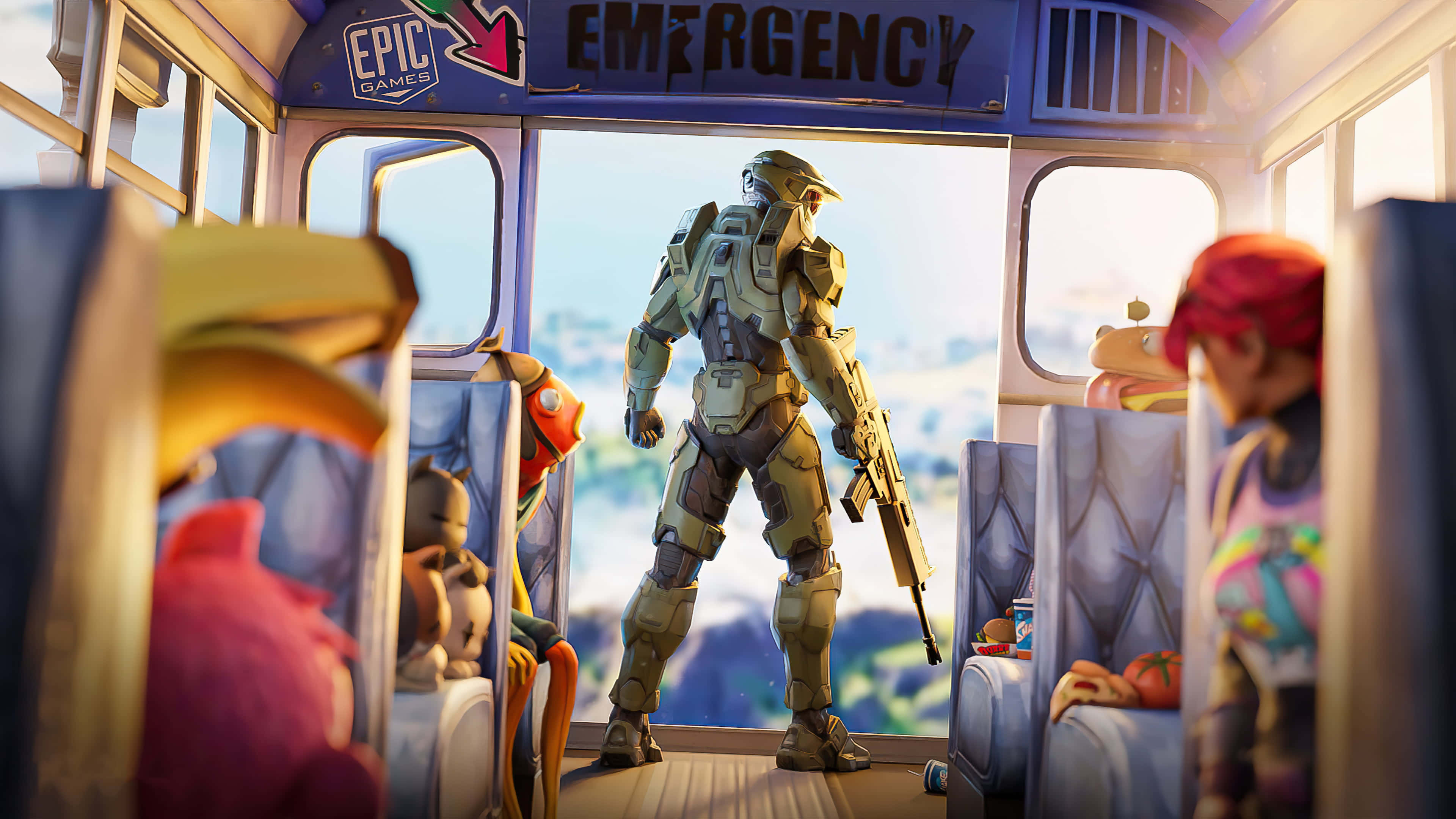 光環 桌布 壁紙 — 一名 Halo 士兵站在色彩繽紛的巴士走道上，車內充滿了 Fortnite 角色和絨毛玩具。