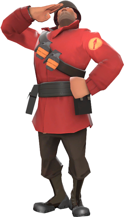 Tf2 桌布 壁紙 — 一名3D渲染的士兵穿著紅色制服，一隻手敬禮，另一隻手握著手榴彈。