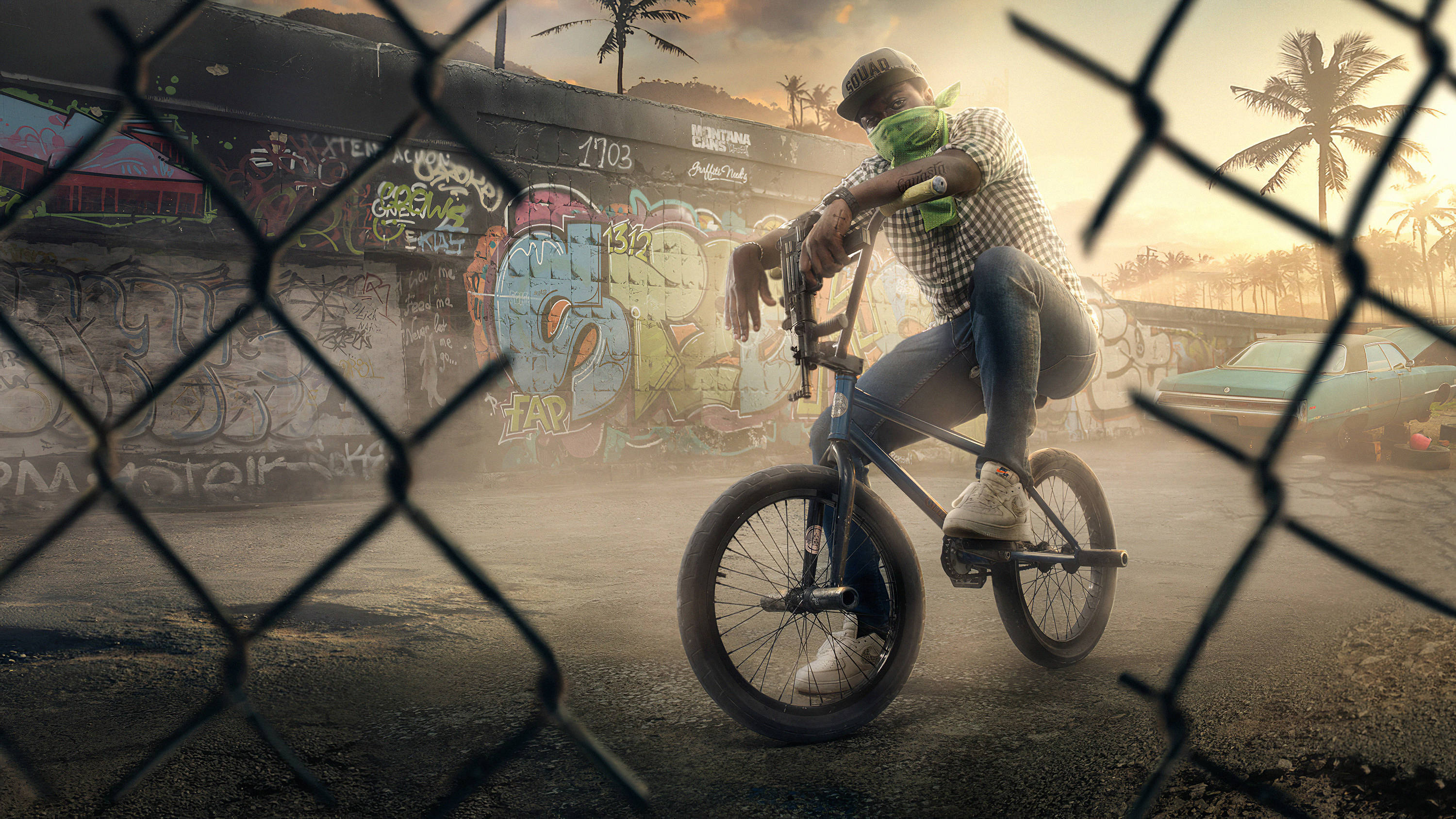 GTA 聖安地列斯 桌布 壁紙 — 一名bmx車手靠在他的腳踏車上，身後是鐵絲網圍欄，塗鴉牆和棕櫚樹在金色的日落光芒中閃耀。