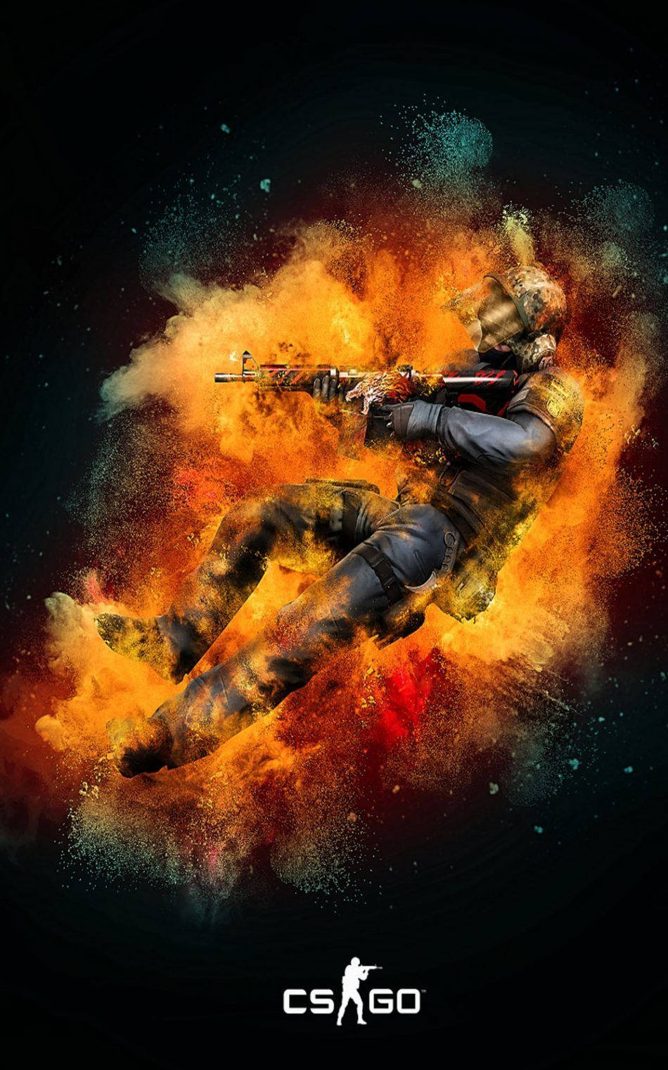 cs go iPhone 桌布 壁紙 — 一名CS GO士兵從熾熱的爆炸中出現，同時瞄準步槍，背景是黑暗的宇宙。