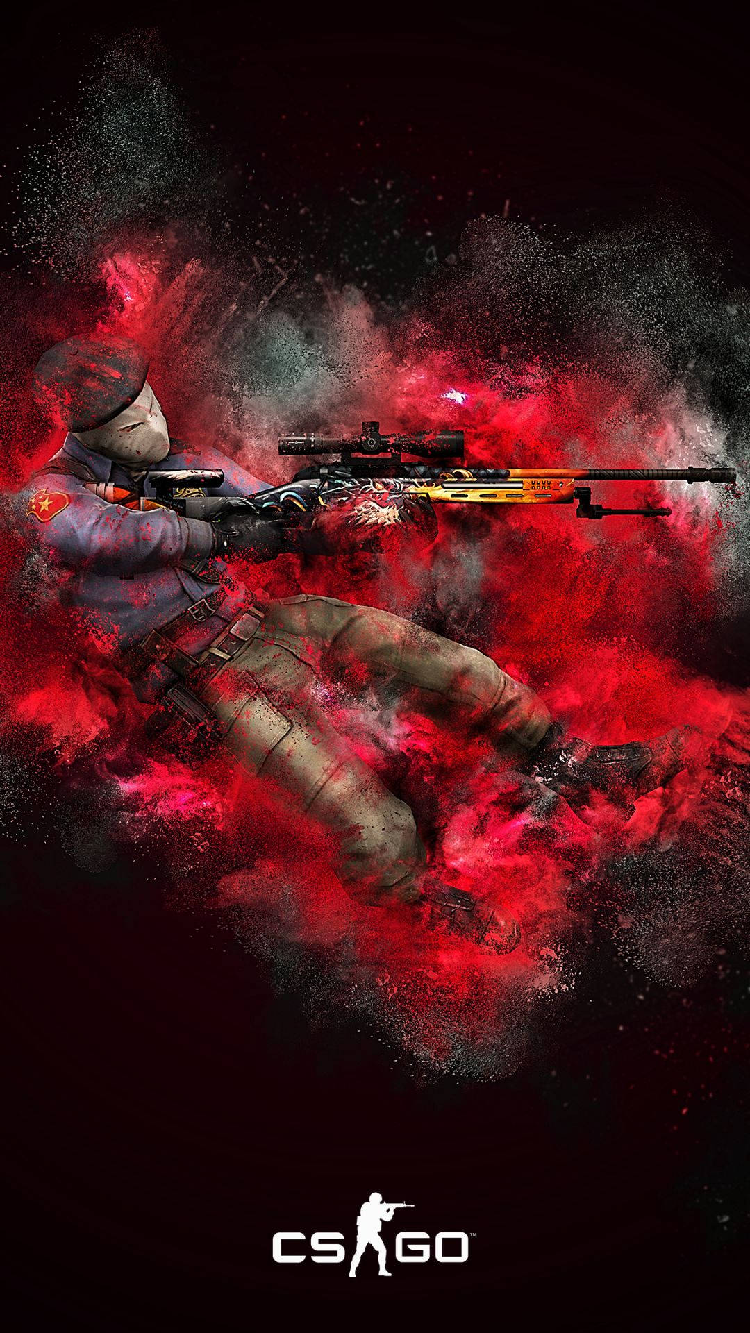 cs go iPhone 桌布 壁紙 — 一名CS:GO狙擊手從爆炸性的紅色和黑色粒子中出現，構成動態的數位藝術作品。