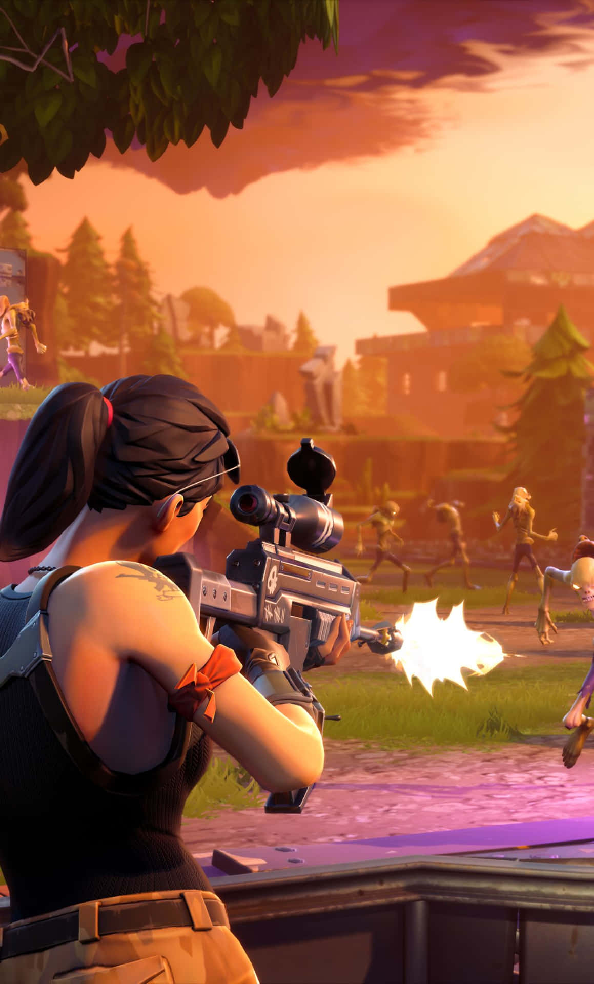 Fortnite玩家在日落戰鬥中射擊殭屍。 — iPhone 14 壁紙