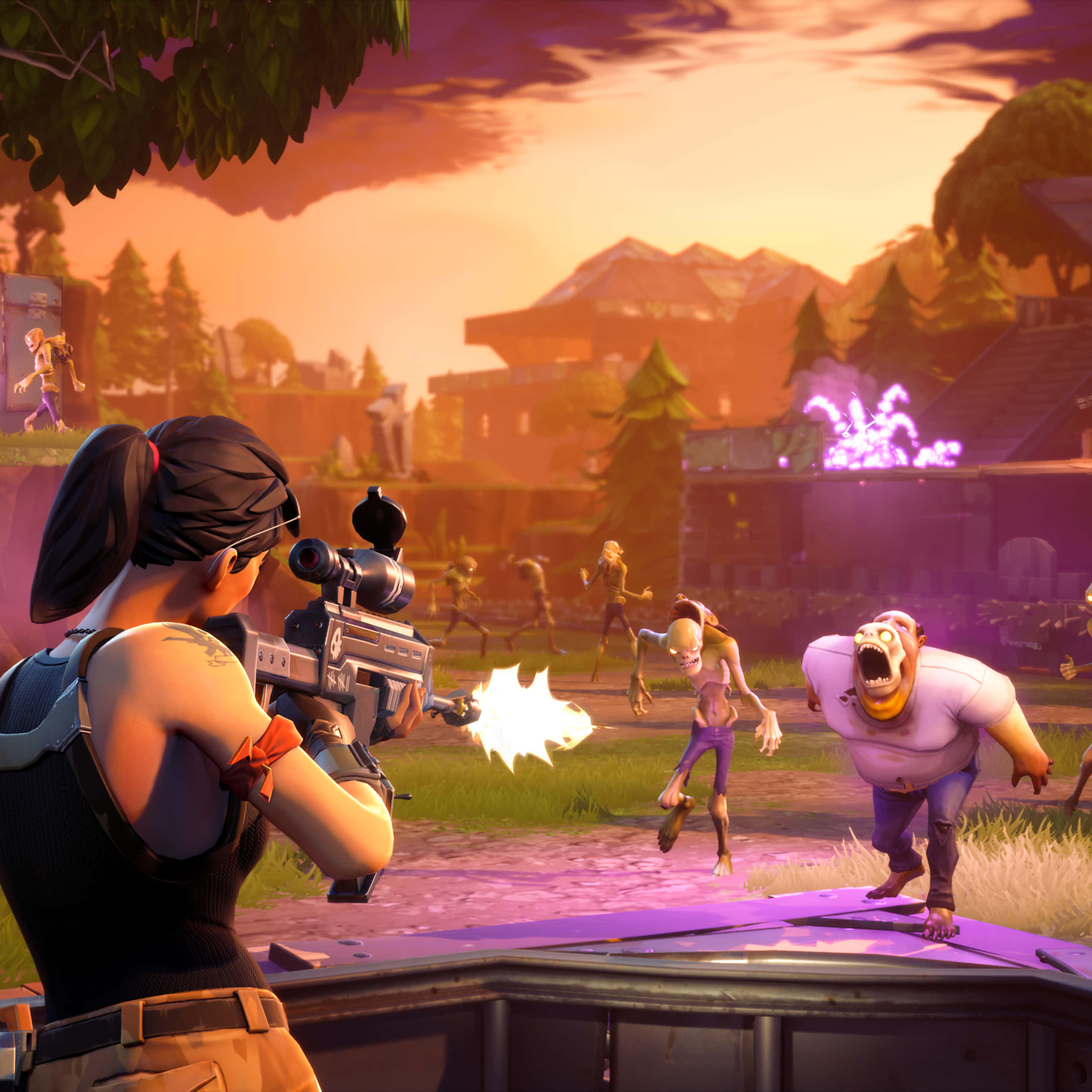 Fortnite 桌布 壁紙 — 一名Fortnite玩家在熾熱的夕陽天空下向逼近的殭屍開火。