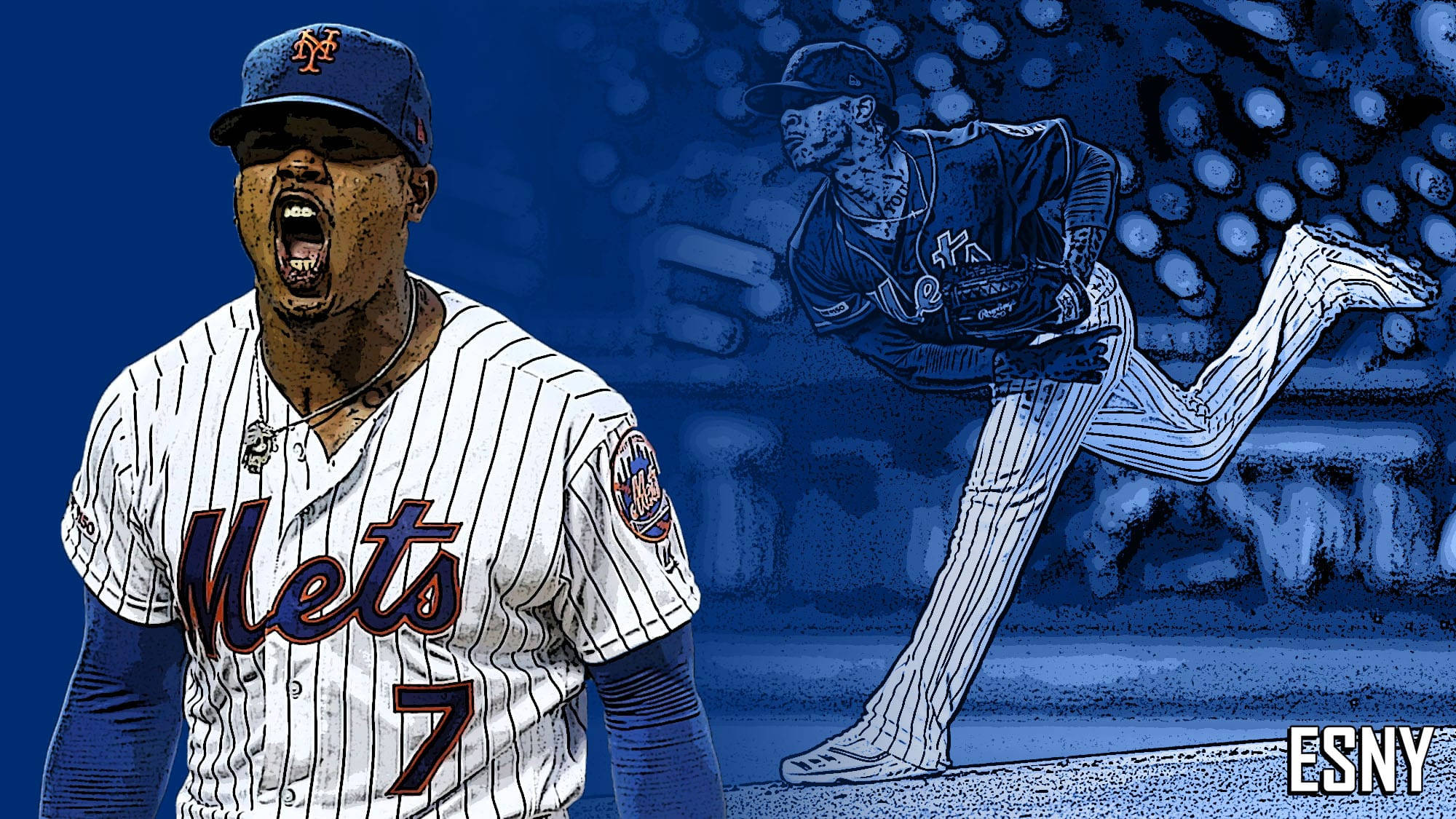 Marcus Stroman 桌布 壁紙 — 一名Mets棒球選手在前景咆哮，背景中一名投手正在藍色球場背景下揮臂準備投球。