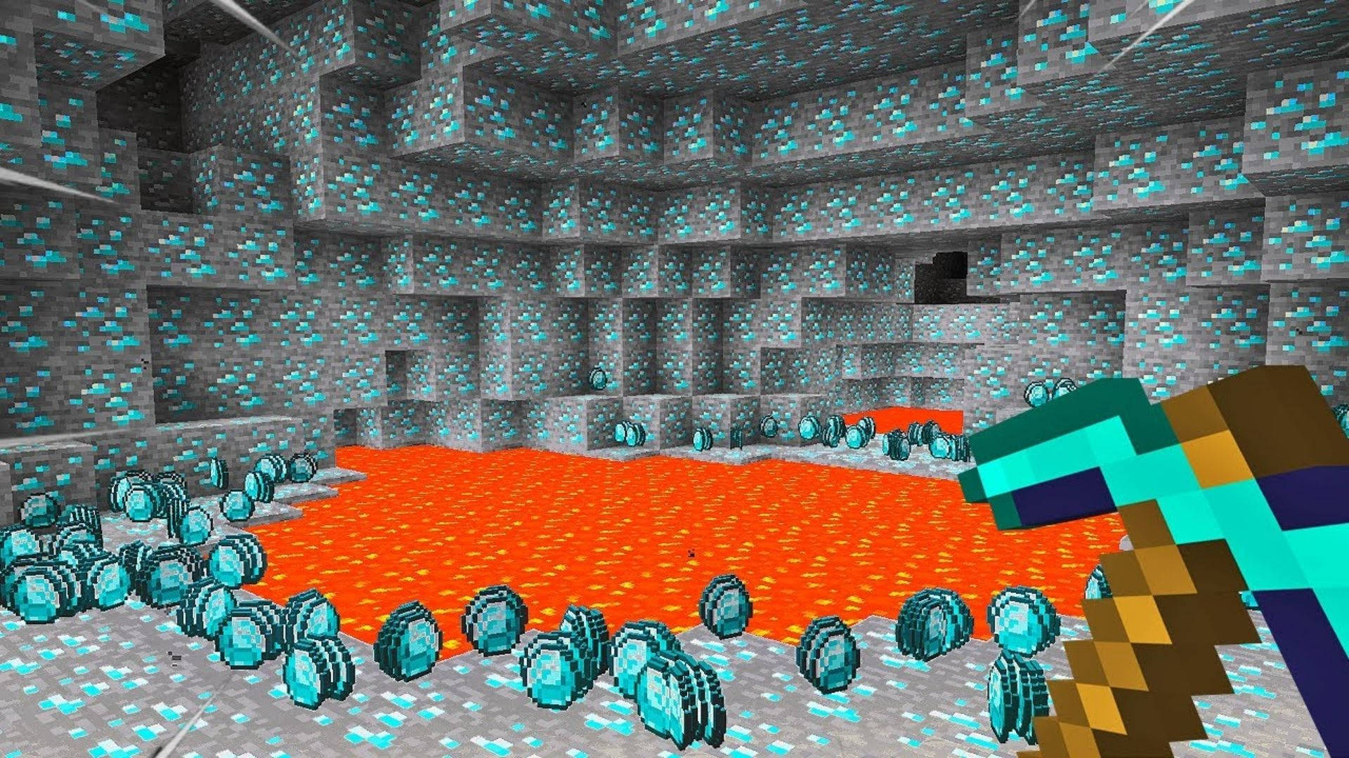 我的世界 鑽石 桌布 壁紙 — 一名Minecraft玩家在一個充滿發光藍色礦石和熔岩池的廣闊地下洞穴中拿著一把鑽石鎬。