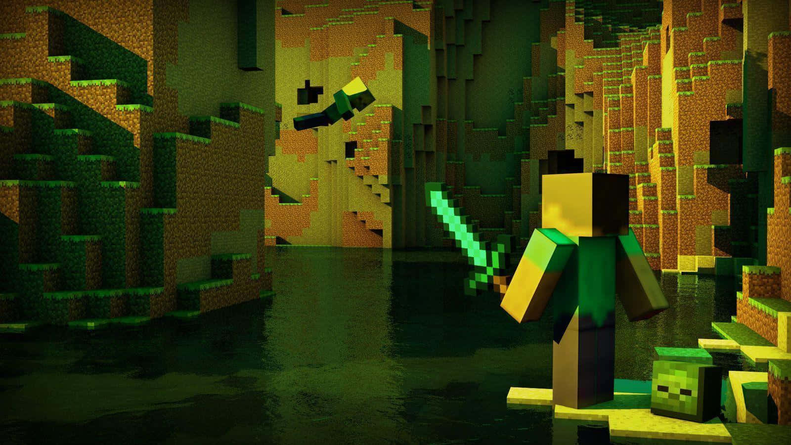 可愛 Minecraft 桌布 壁紙 — 一名Minecraft玩家在像素化叢林峽谷中揮舞著發光的劍，附近有一隻苦力怕。