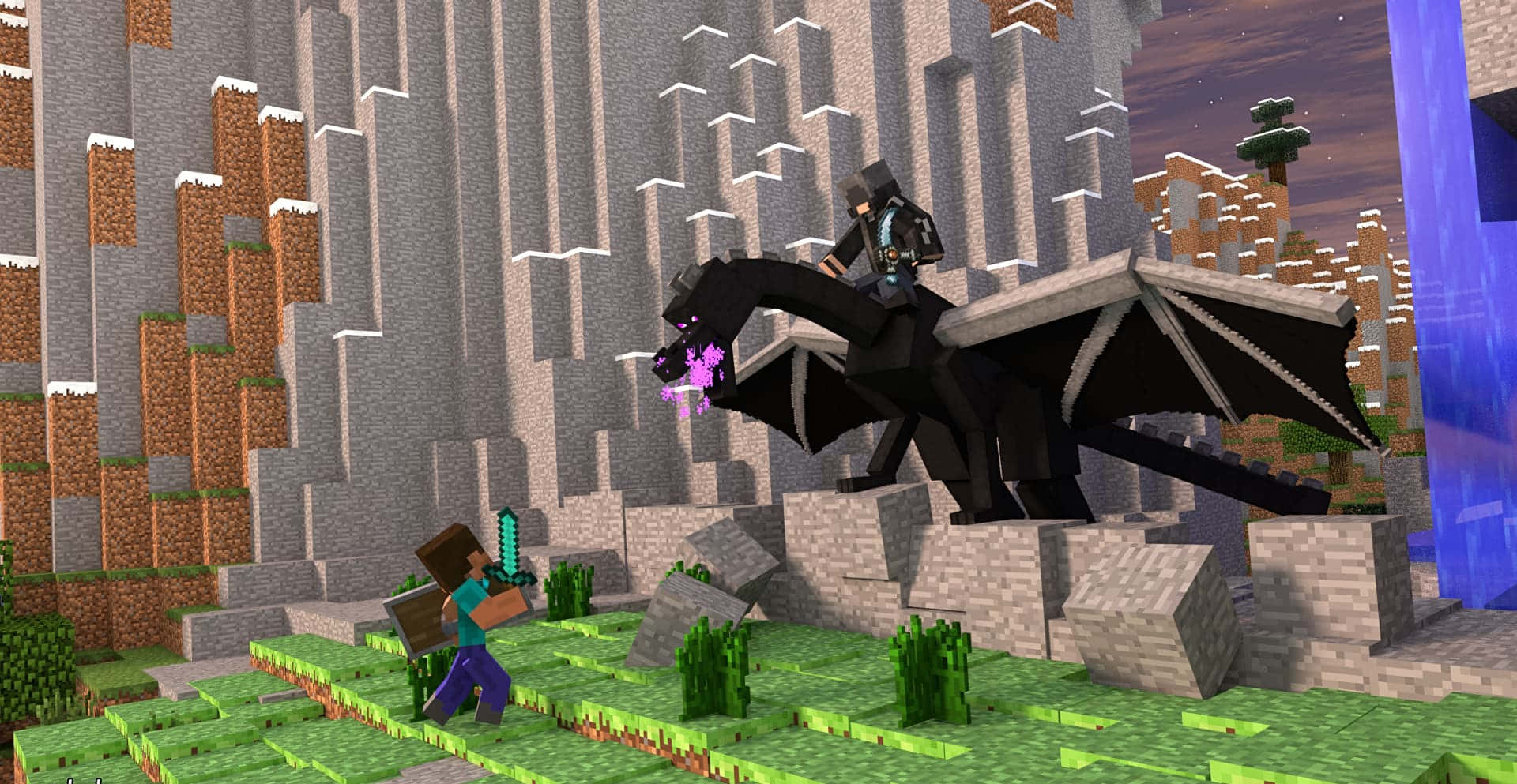Minecraft Fight 桌布 壁紙 — 一名Minecraft玩家在懸崖頂上與噴出紫色火焰的黑龍戰鬥，另一名玩家手持劍靠近。