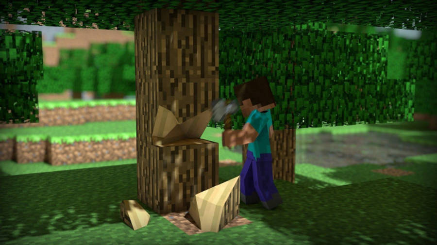 Grass 桌布 壁紙 — 一名Minecraft玩家在明亮的日光下，於像素化的森林生物群落中用斧頭砍樹。