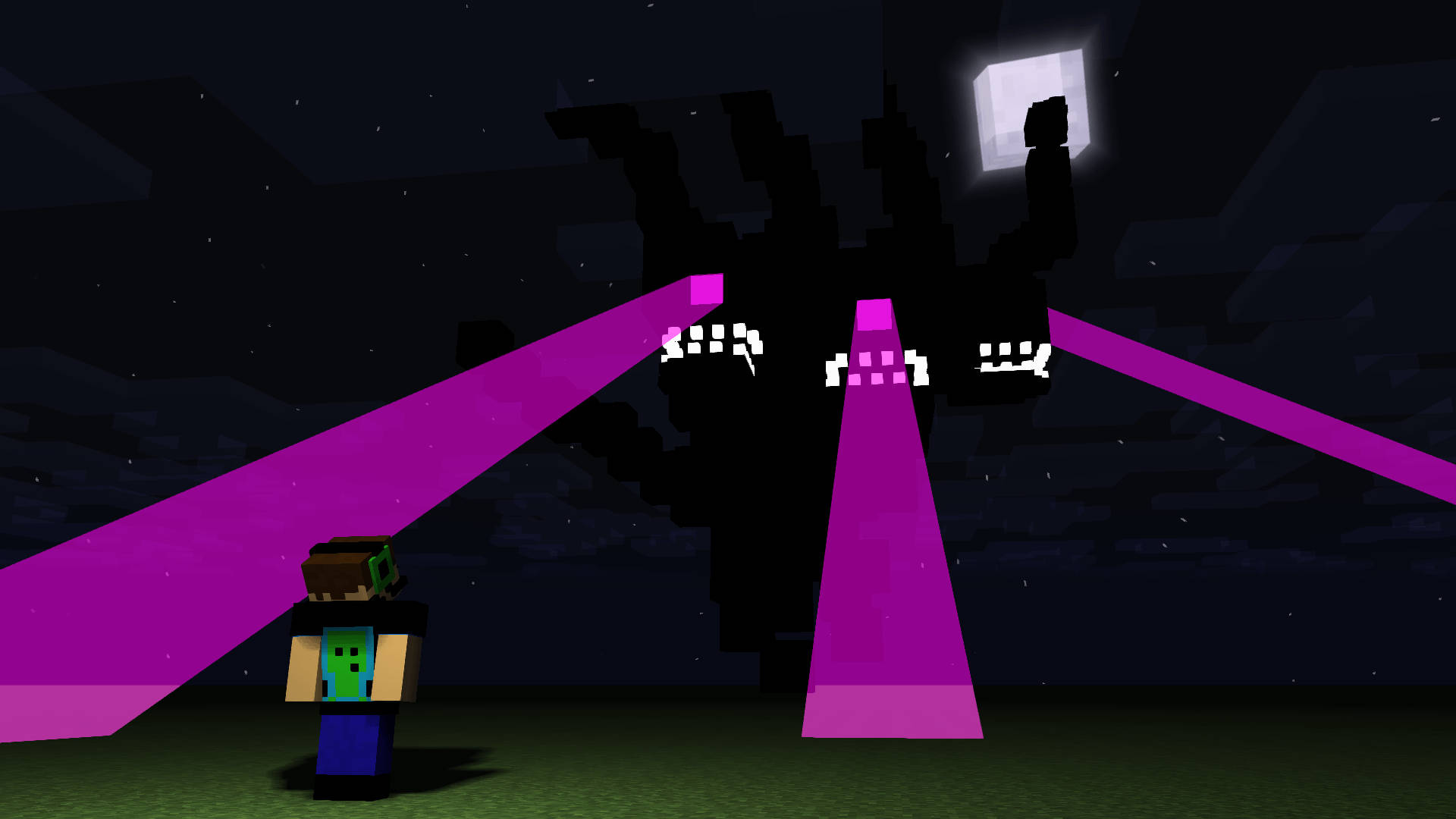 Wither 桌布 壁紙 — 一名Minecraft玩家在星空下，面對一隻巨大的終界龍，伴隨著發光的紫色光束。