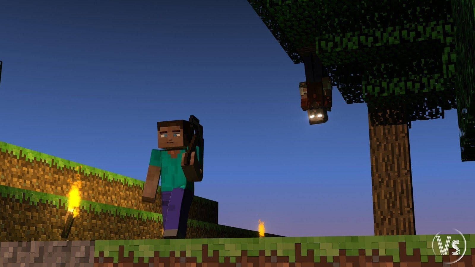 Herobrine 桌布 壁紙 — 一名Minecraft玩家在黃昏時站在草地上，手持武器，火炬照亮了像素世界。