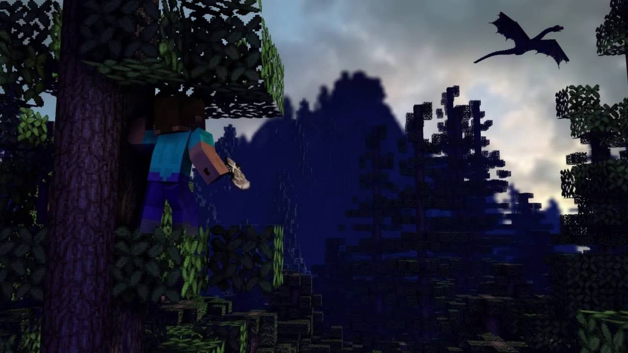 4K Minecraft 壁紙 桌布 壁紙 — 一名Minecraft玩家在黑暗森林中爬樹，一條龍在暴風雨的天空下飛過頭頂。
