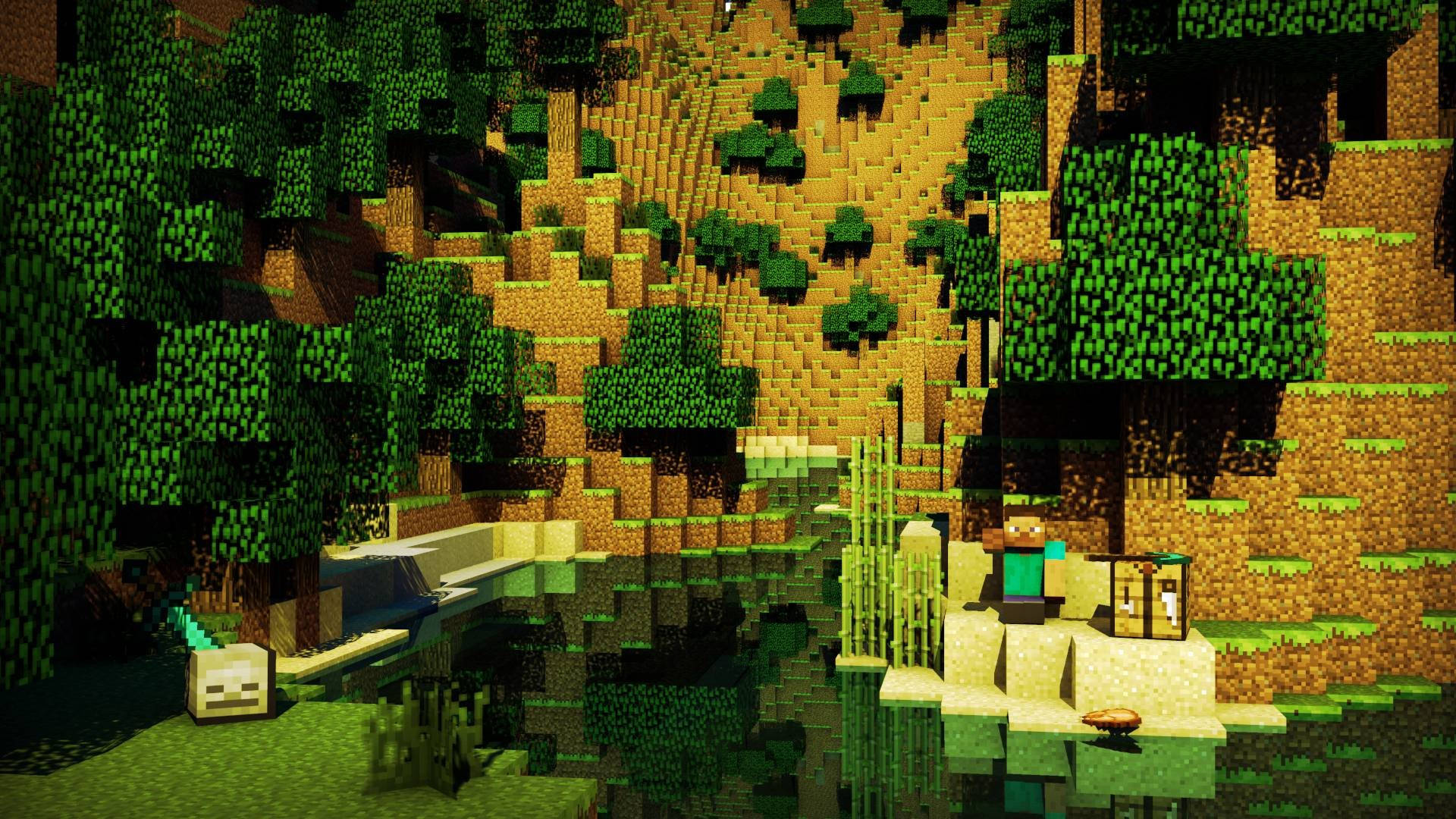 最佳我的世界 桌布 壁紙 — 一名Minecraft玩家站在像素化的河流旁，周圍是方塊狀的樹木和山丘，天空明亮。