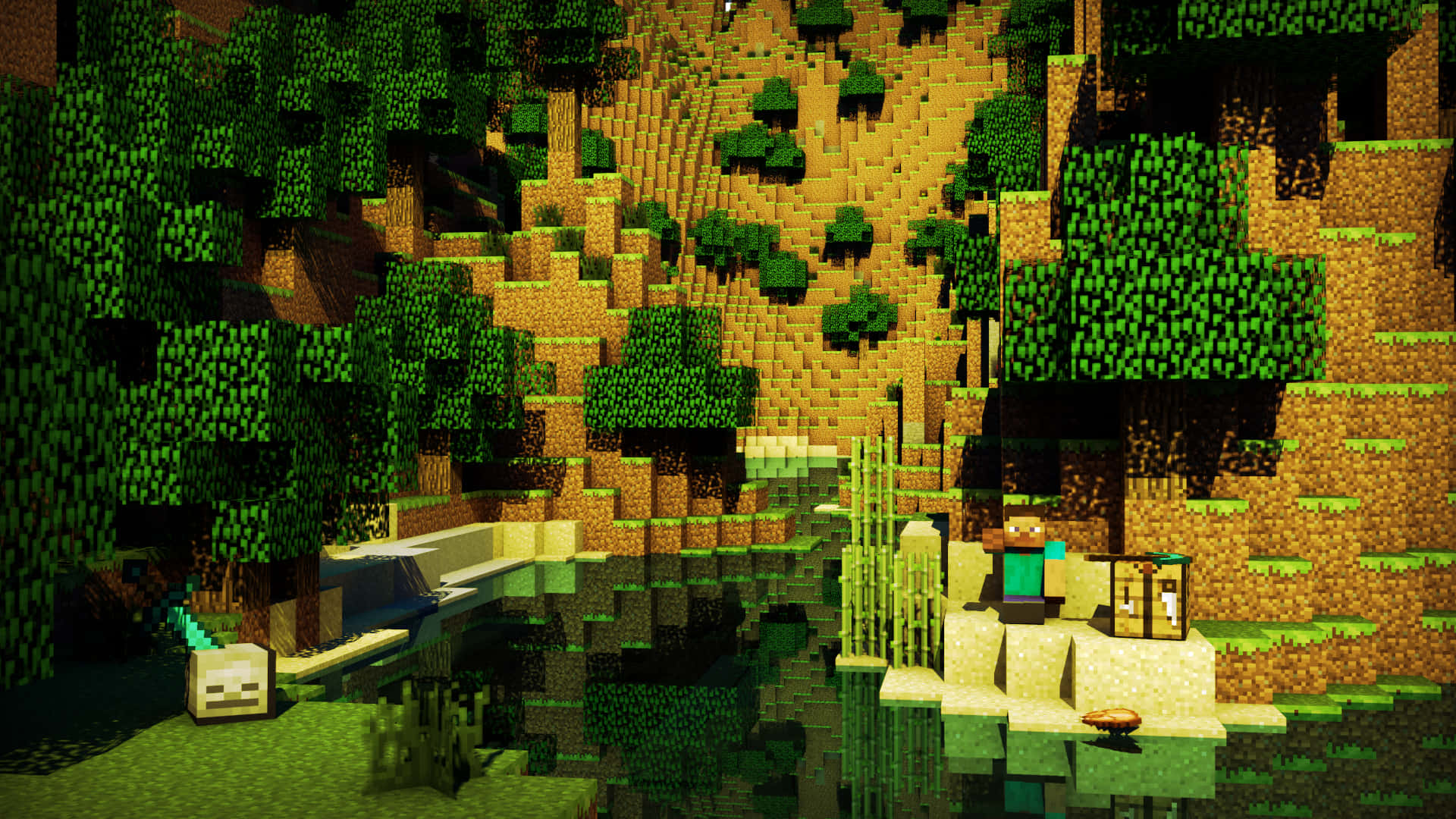 Minecraft Pixel Art 桌布 壁紙 — 一名Minecraft玩家站在像素化的河流旁，周圍是方塊狀的綠色樹木和棕色山丘，沐浴在溫暖的陽光下。