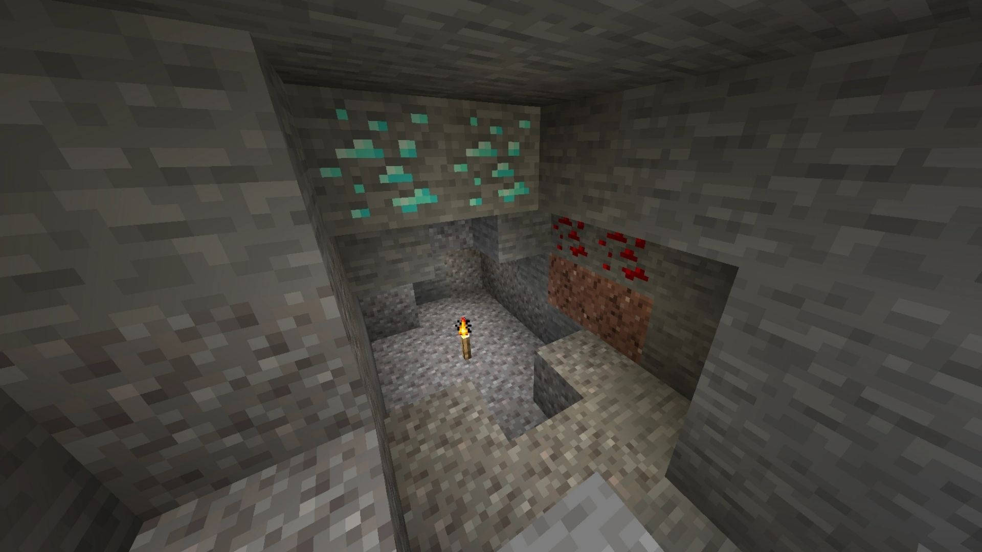 我的世界 鑽石 桌布 壁紙 — 一名Minecraft玩家站在光線昏暗的石洞中，發光的青色和紅色方塊照亮了像素化的地下空間。