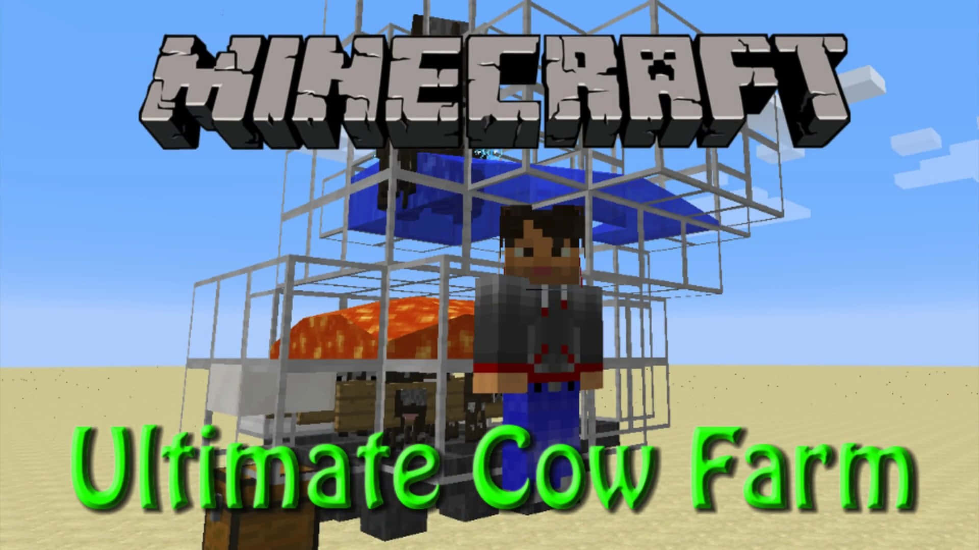 Minecraft Cow 桌布 壁紙 — 一名Minecraft玩家站在多層牛農場旁，背景是清澈的藍天，並有方塊文字疊加。