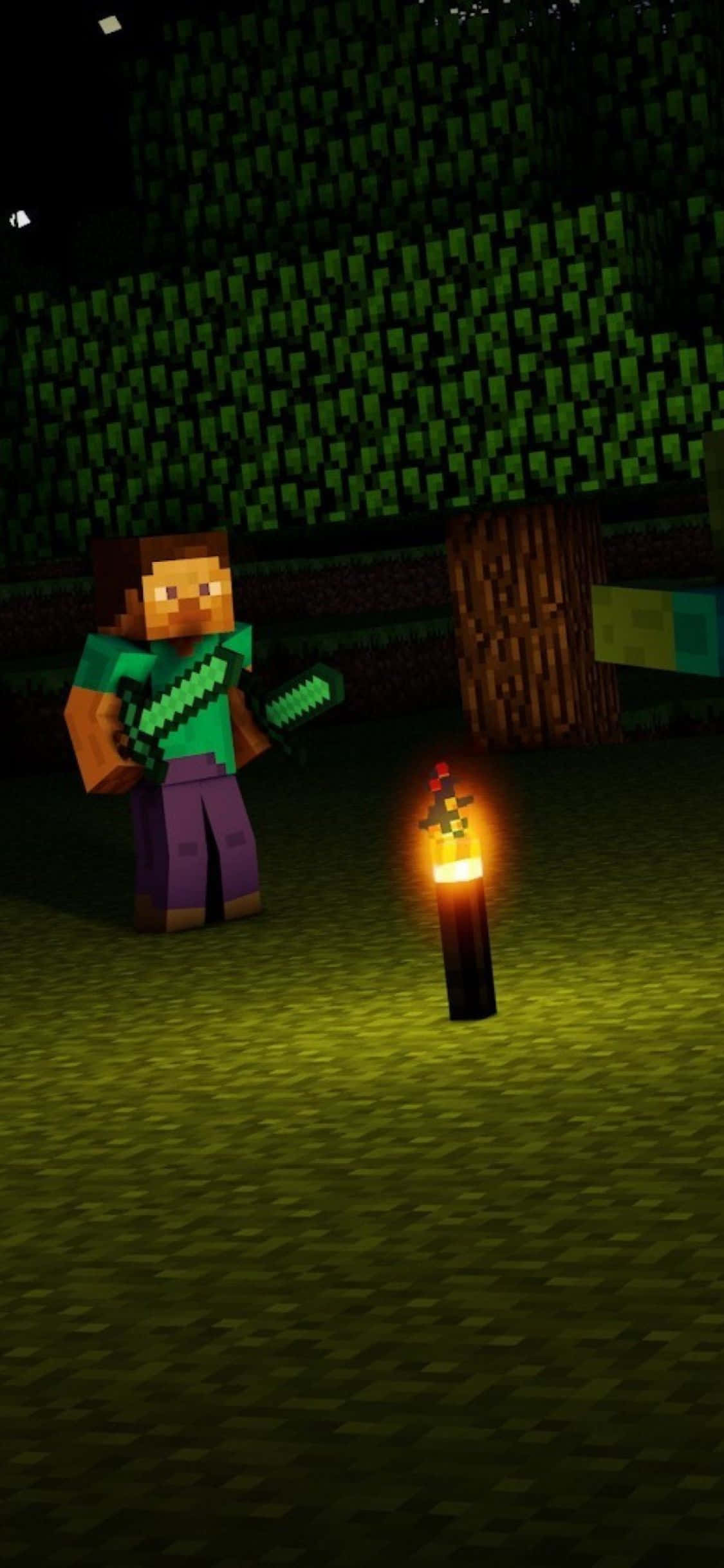 iPhone Xs Minecraft 桌布 壁紙 — 一名Minecraft玩家站在黑暗森林中手持劍，火炬將溫暖的光投射在草地和樹木上。