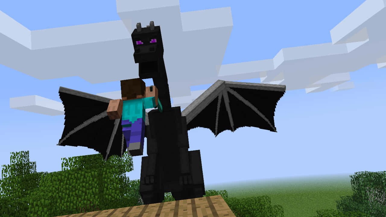 Minecraft Ender Dragon 桌布 壁紙 — 一名Minecraft玩家騎著一隻紫色眼睛的黑色龍，背景是方塊天空和綠色景觀。