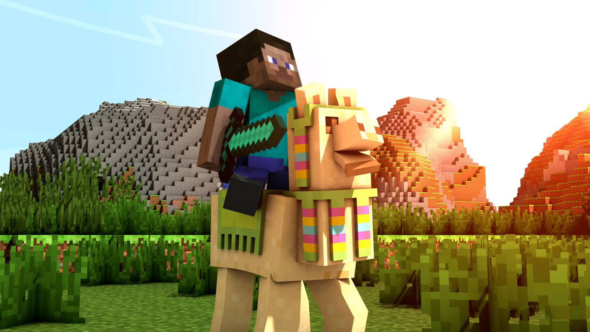 我的世界 史蒂夫 桌布 壁紙 — 一名Minecraft玩家騎著一匹色彩繽紛的馬，穿過有像素化山脈的方塊草地，天空明亮。