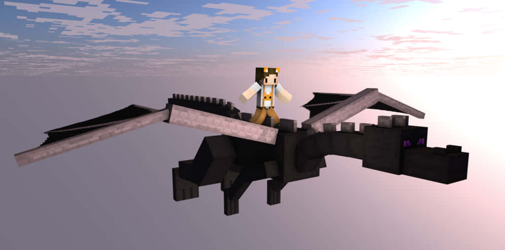 電影動圖 桌布 壁紙 — 一名Minecraft玩家騎著一隻紫色眼睛的黑色龍，背景是柔和粉紅與藍色的天空。