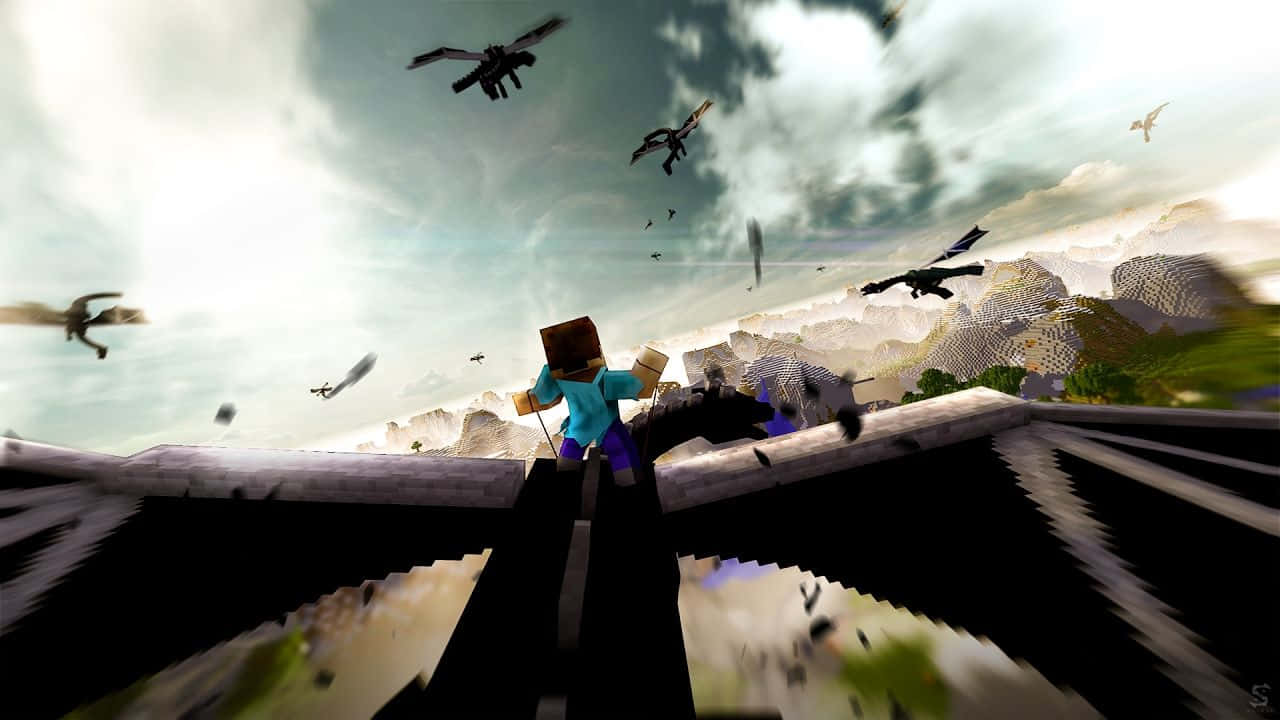 Minecraft Aesthetic 桌布 壁紙 — 一名Minecraft玩家騎著龍在雲霧繚繞的天空中翱翔，飛越方塊狀的山脈，附近還有其他龍在飛翔。