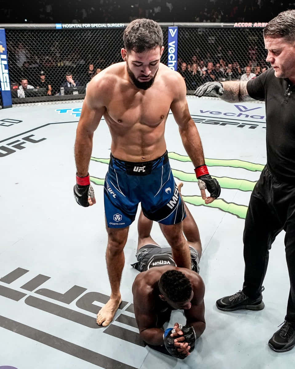 MMA 桌布 壁紙 — 一名UFC拳手在八角籠地上勝利地站在對手之上，裁判在旁仔細觀察。