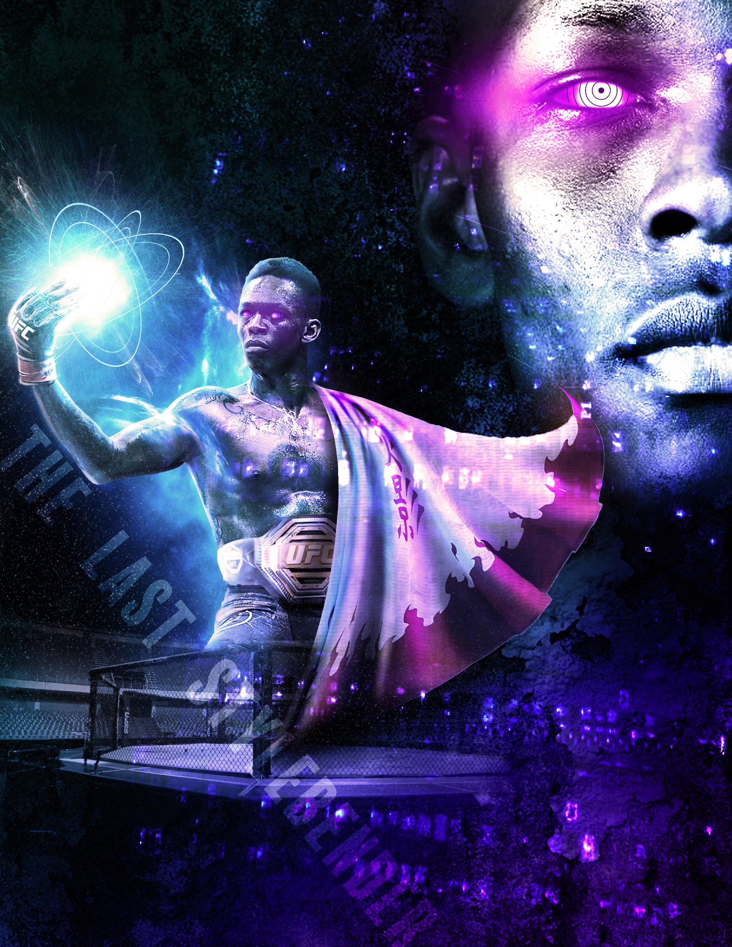 Adesanya 桌布 壁紙 — 一名UFC拳手在發光的擂台上手持發光原子，背後出現一個紫色眼睛的巨大面孔。