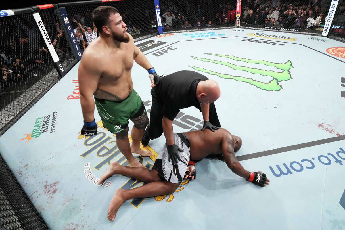 MMA 桌布 壁紙 — 一名UFC拳手被裁判宣布失去知覺，而他的對手在八角籠中站在他上方。