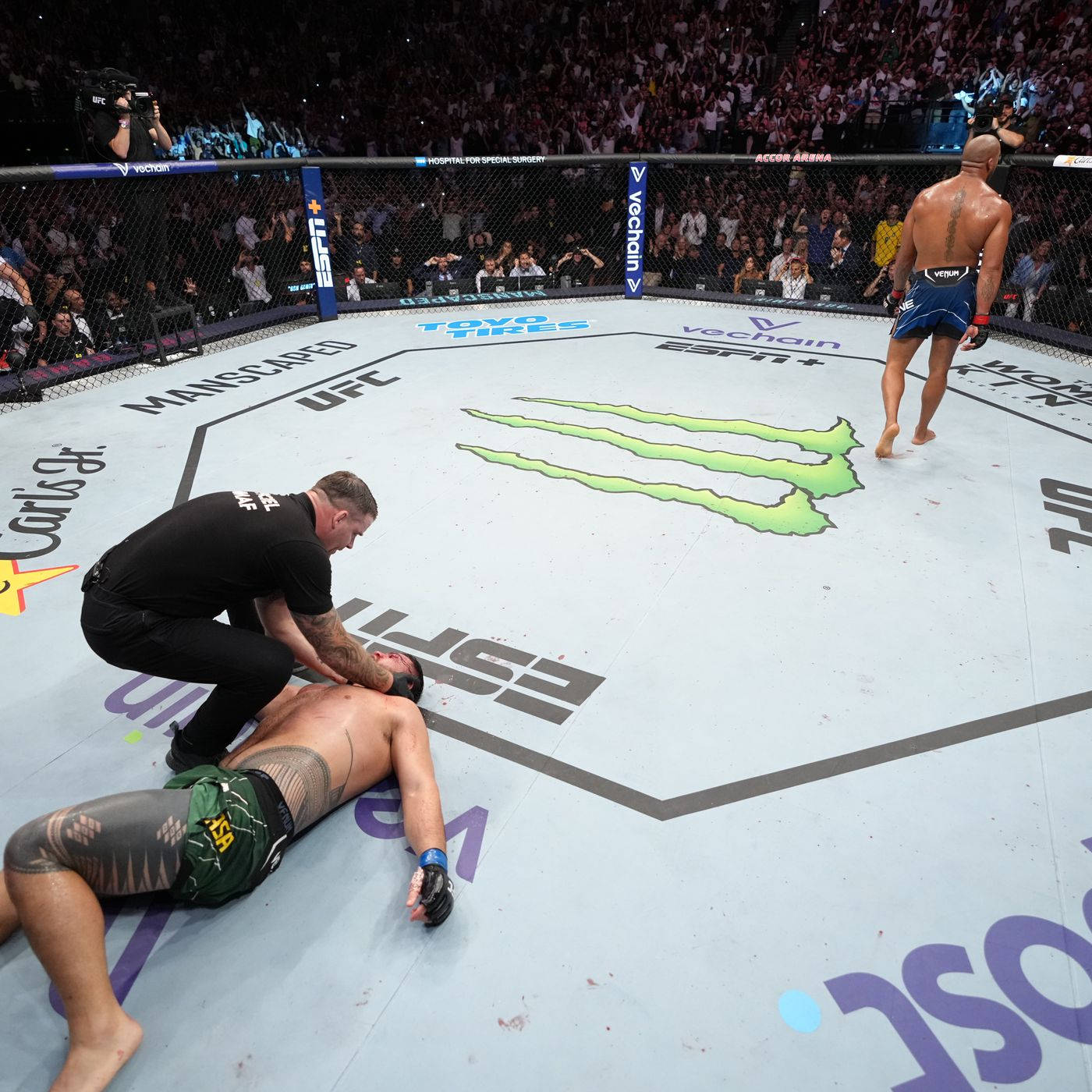 MMA 桌布 壁紙 — 一名UFC拳手躺在八角籠地上動也不動，裁判正在檢查他，而對手則走開。