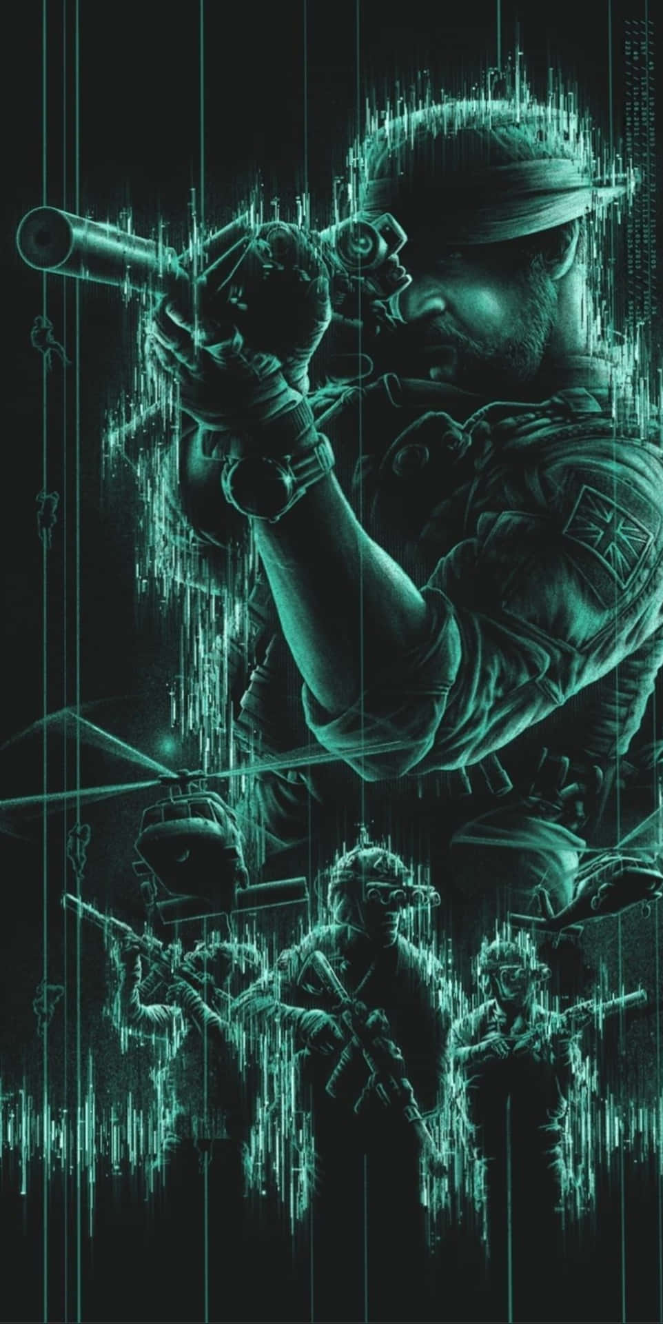 Call Of Duty Black Ops 桌布 壁紙 — 一名以數位故障藝術風格呈現的士兵正在瞄準步槍，下方有隊友，全部以發光的青綠色在黑色背景上渲染。