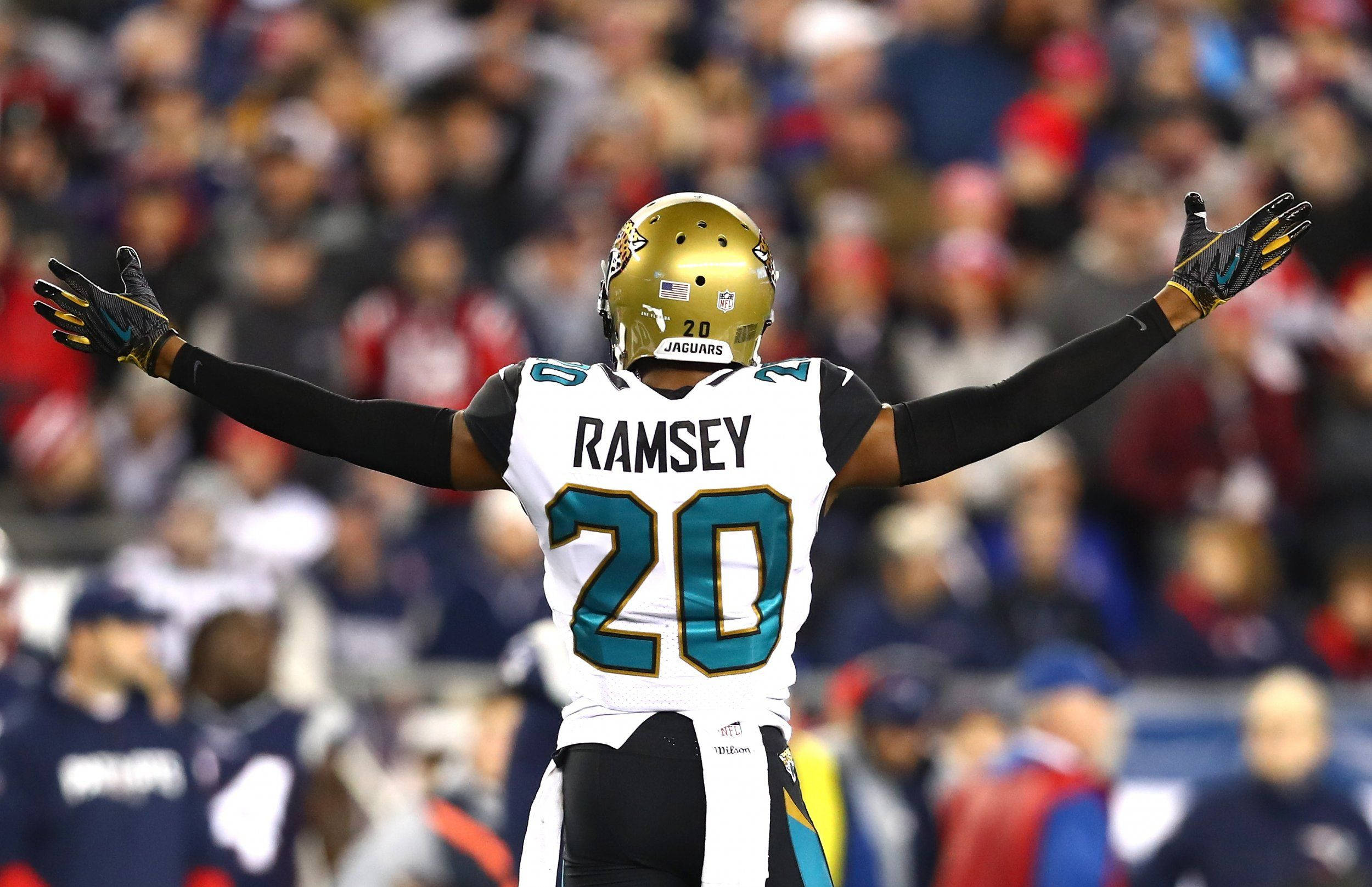Ramsey 桌布 壁紙 — 一名傑克遜維爾美洲虎隊的足球運動員張開雙臂在場上慶祝，背景中球迷歡呼。