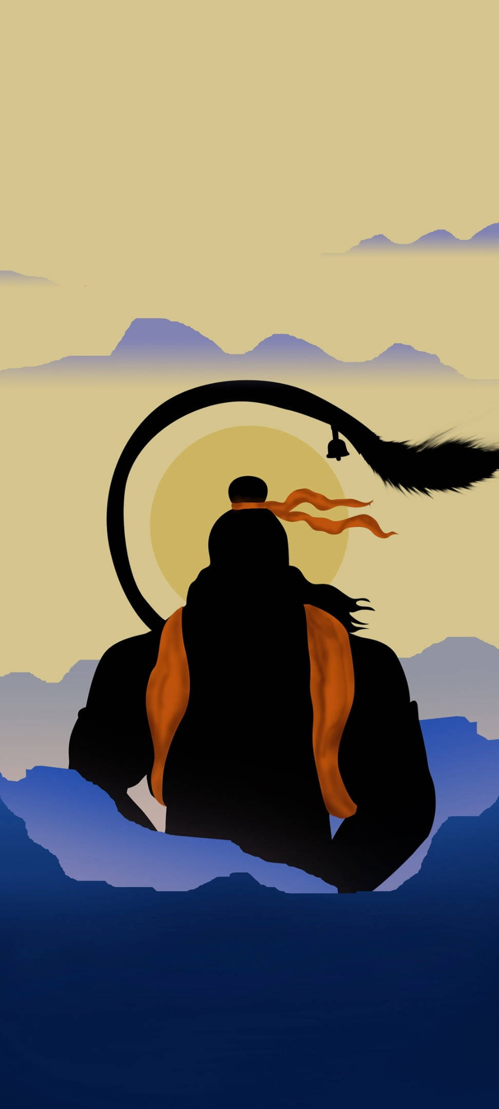 hanuman art 桌布 壁紙 — 一名僧侶的剪影，披著飄逸的橙色圍巾和長長的黑髮，背景是層巒疊嶂之上溫暖的日落。