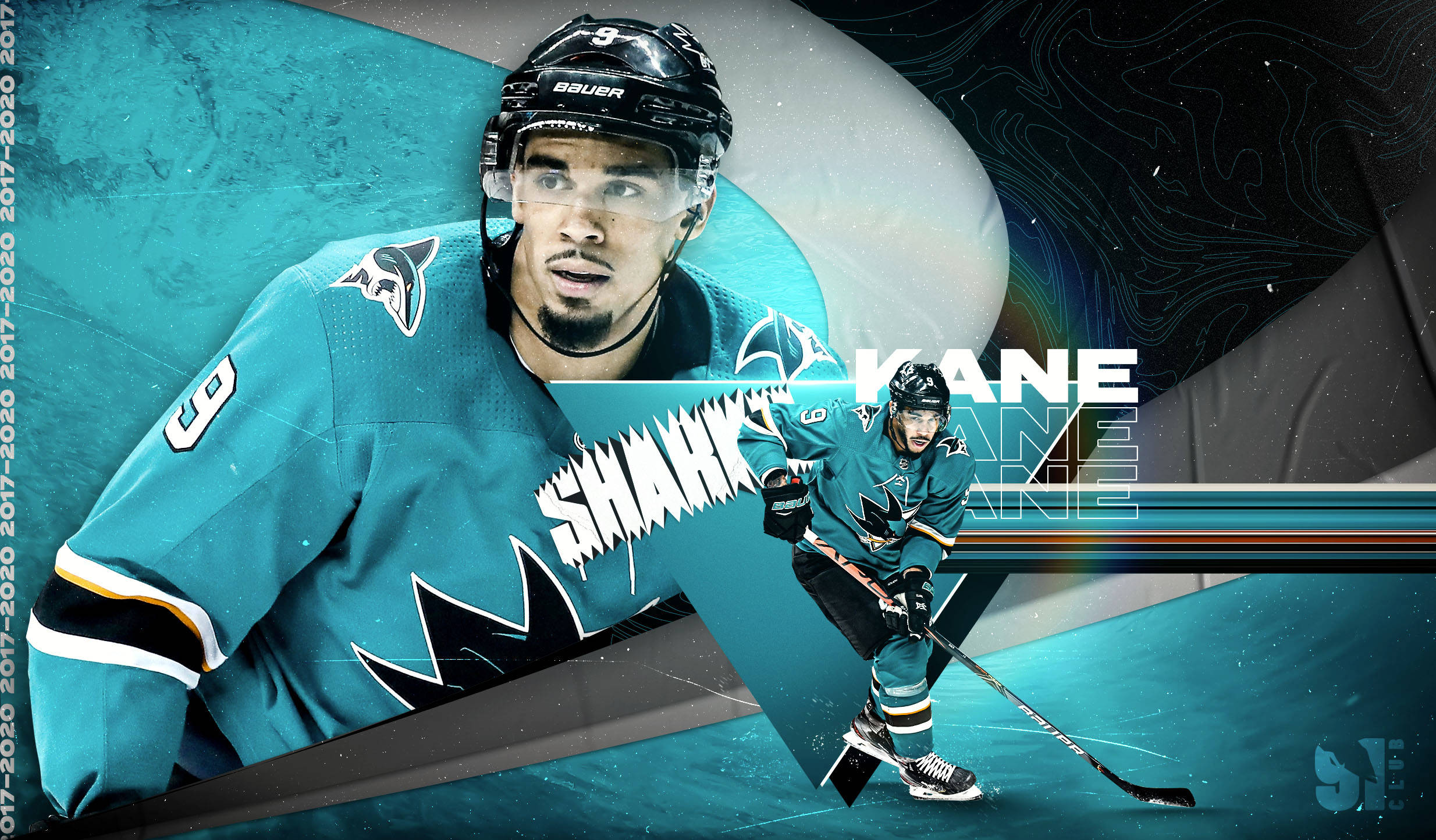 sharks 桌布 壁紙 — 一名充滿活力的冰上曲棍球運動員身穿青色鯊魚隊球衣，在帶有發光青色和黑色點綴的風格化抽象背景前擺出強烈的姿勢。