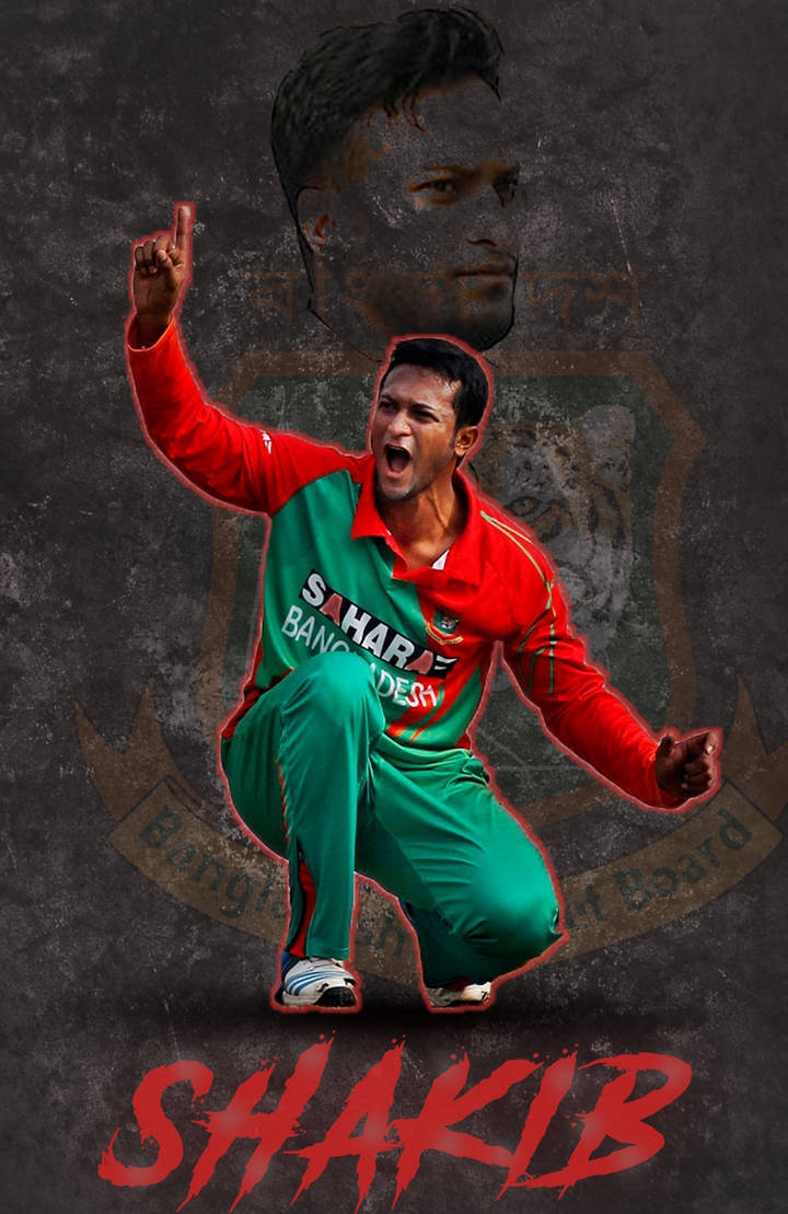 Shakib Al Hasan 桌布 壁紙 — 一名充滿活力的板球運動員身穿綠色和紅色制服，在粗糙的紋理背景前蹲下，勝利地舉起一根手指。