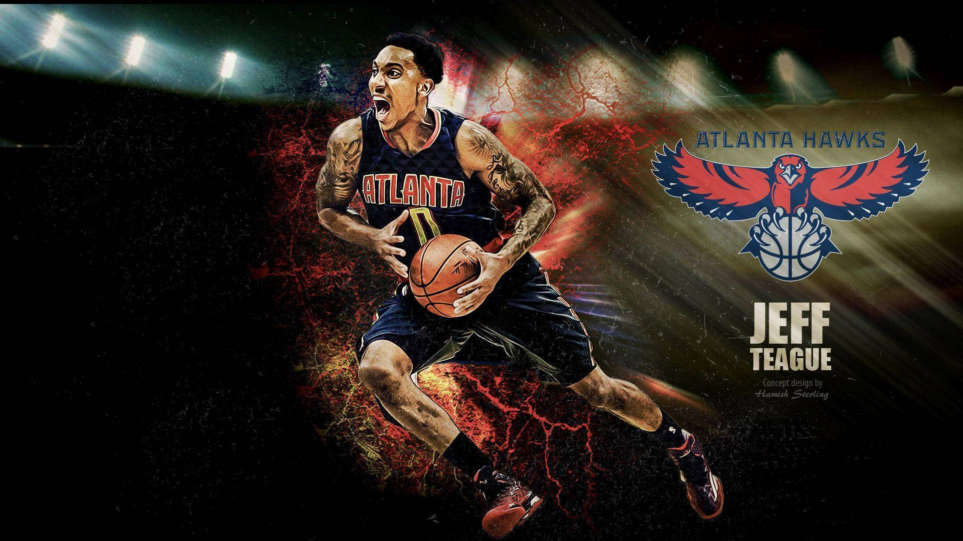 Hawks 桌布 壁紙 — 一名充滿活力的籃球運動員身穿亞特蘭大老鷹隊裝備，在體育館燈光下激烈運球，周圍有火紅的能量爆發。