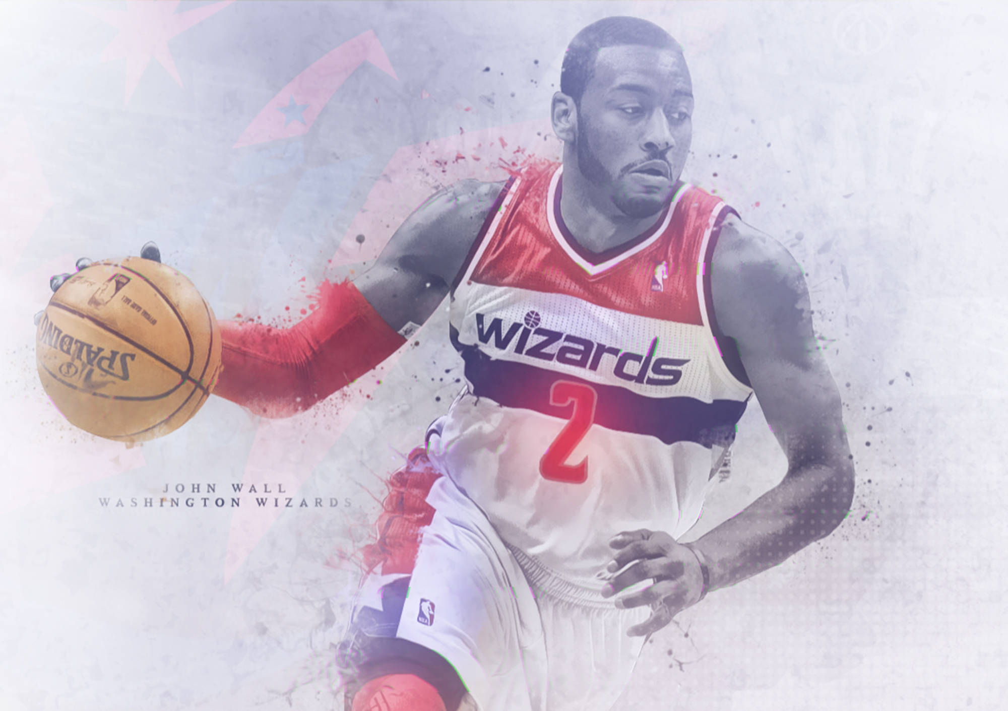 John Wall 桌布 壁紙 — 一名充滿活力的籃球運動員身穿巫師隊球衣，在濺灑的愛國背景前專注運球。