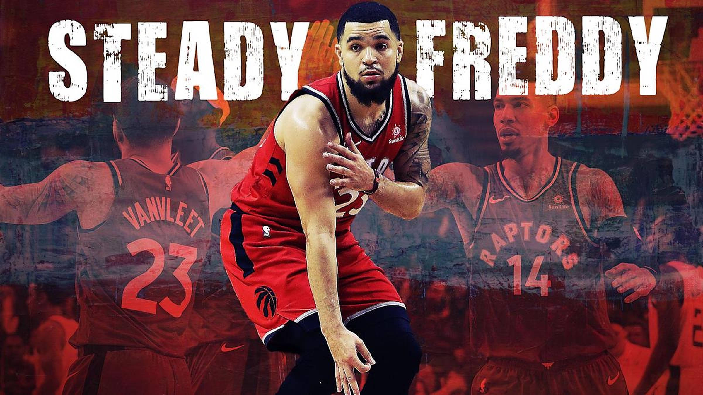 Fred Vanvleet 桌布 壁紙 — 一名充滿活力的籃球運動員身穿紅色Raptors球衣站在舞台中央，隊友在背景中淡出，下方有粗體文字。