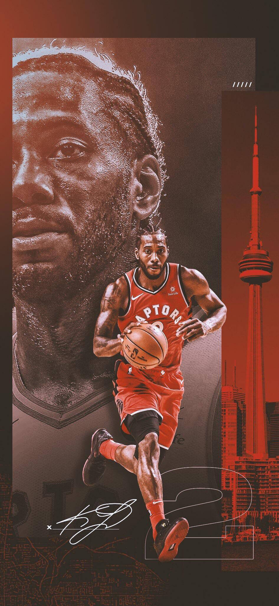 Kawhi 桌布 壁紙 — 一名充滿活力的籃球運動員身穿紅色多倫多球衣，在紅色調的城市天際線和塔樓背景下運球。