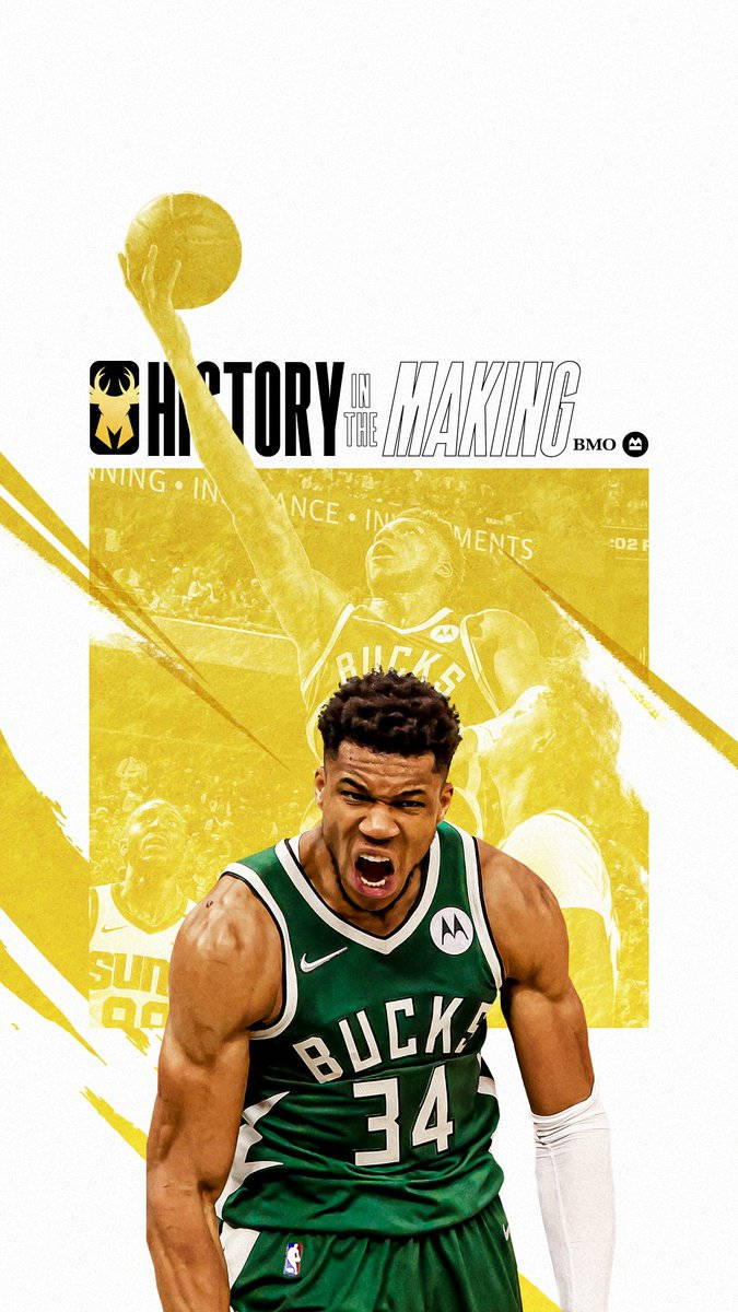 Bucks 桌布 壁紙 — 一名充滿活力的籃球運動員身穿綠色公鹿隊球衣，在金色抽象背景上帶有「History in the Making」文字，怒吼著強烈的氣勢。