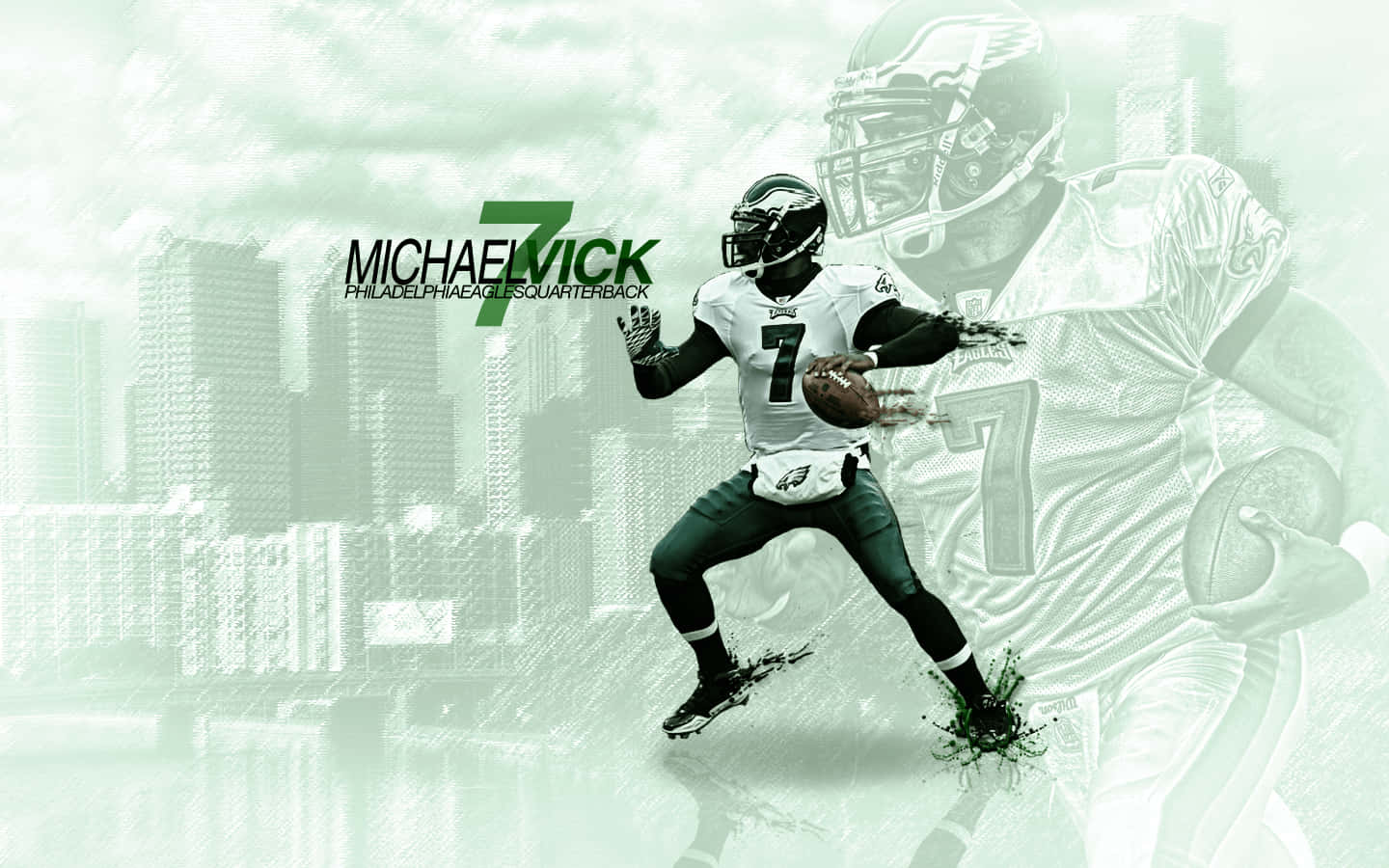 Best 桌布 壁紙 — 一名充滿活力的美式足球員身穿費城老鷹隊球衣，在都市天際線背景下持球奔跑。